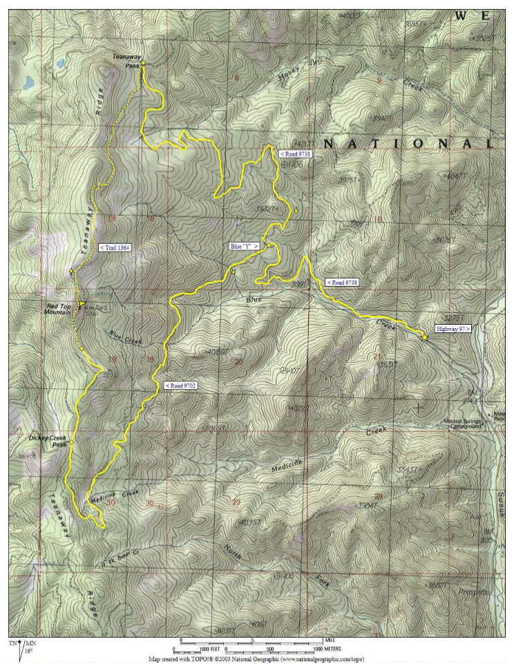 Route Map for Red Top Lookout Bike Loop up South Ridge down North ridge 