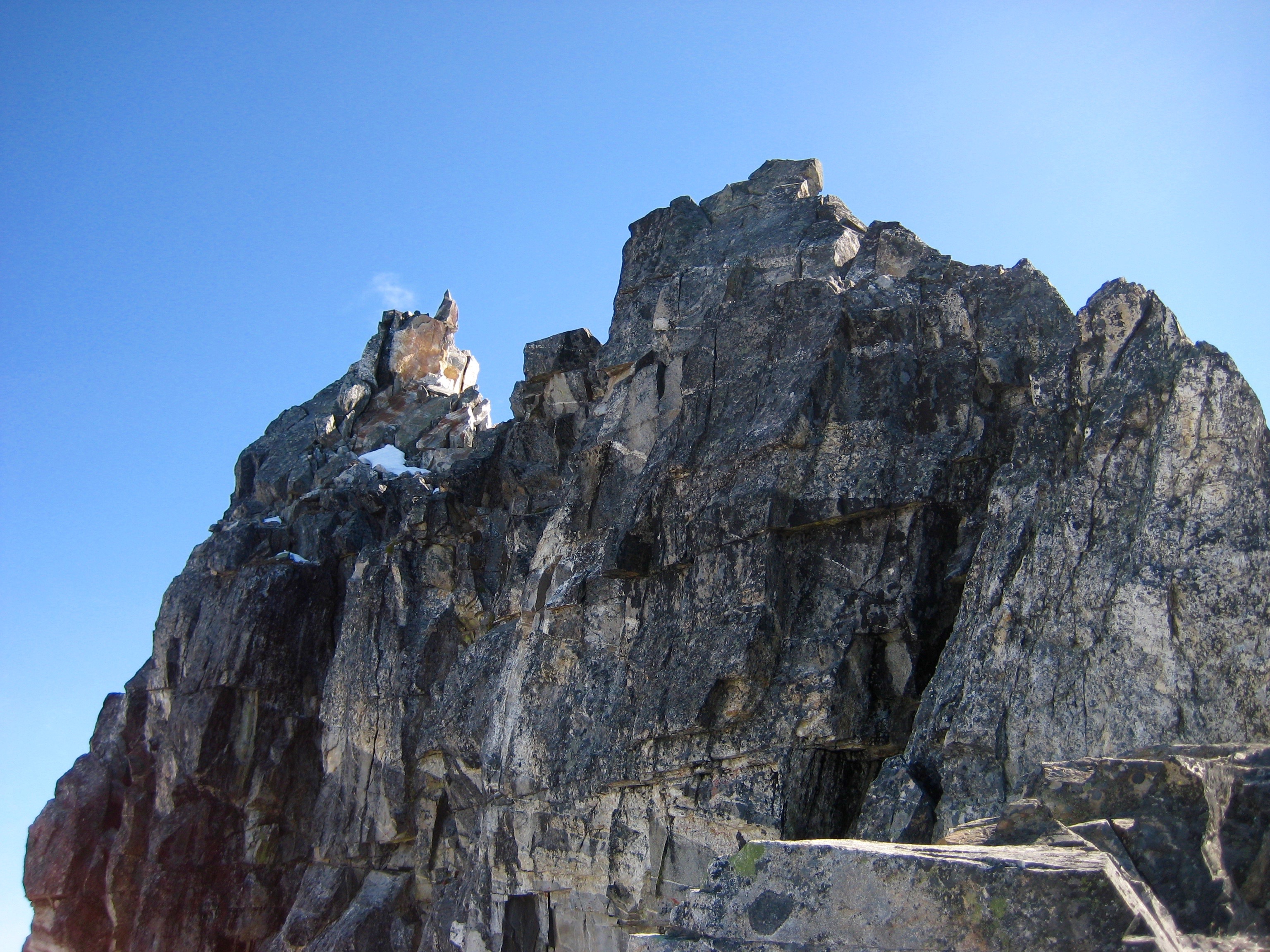 summit fin of Crooked Thumb Peak as seen from the upper north notch of Crooked Thumb Peak in the Northern Pickets