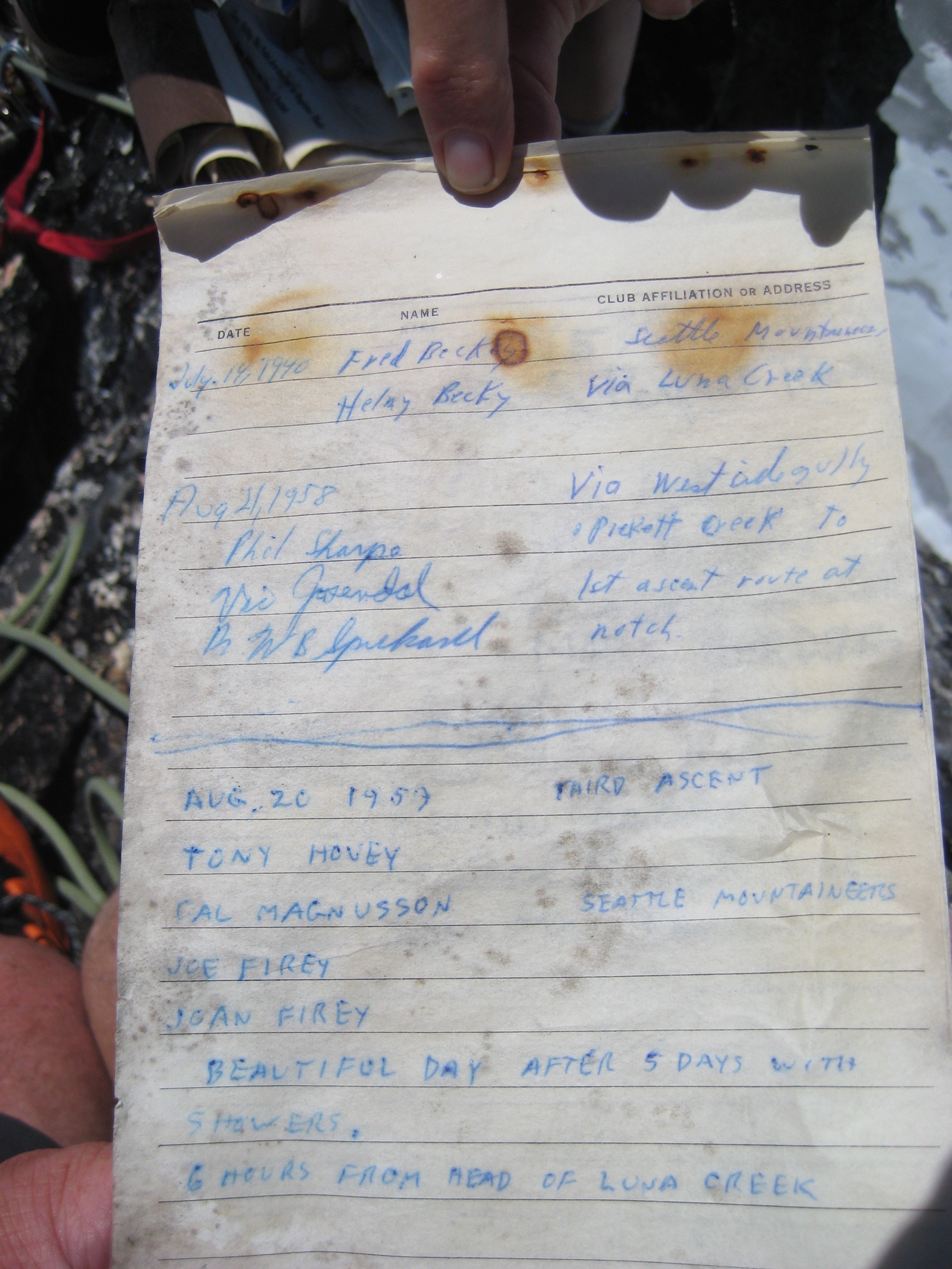mountain climber summit register for Phantom Peak in the Northern Picket Range