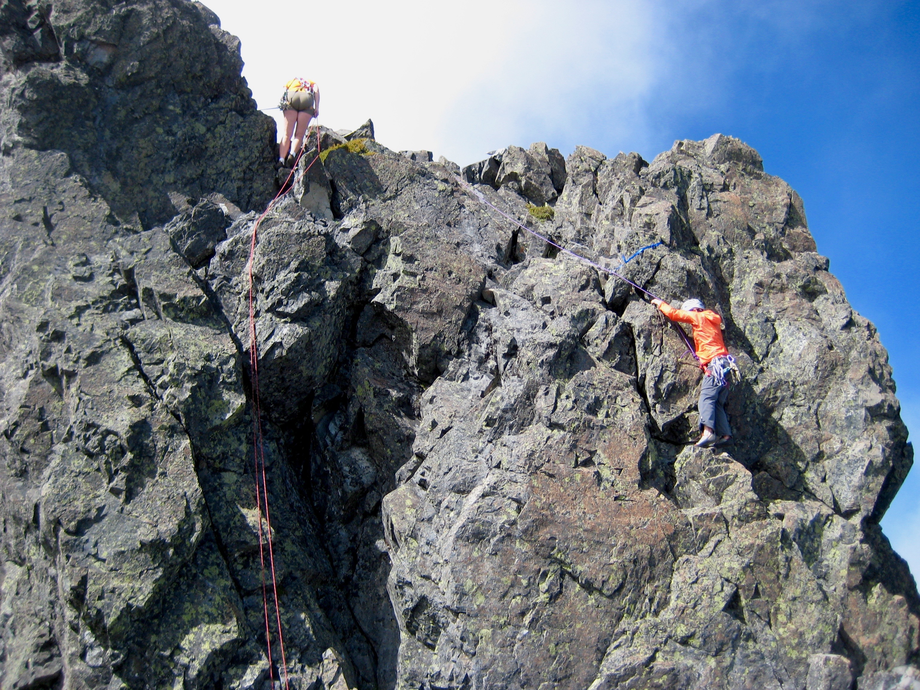 climbers on the south face of the horn of Unicorn Peak