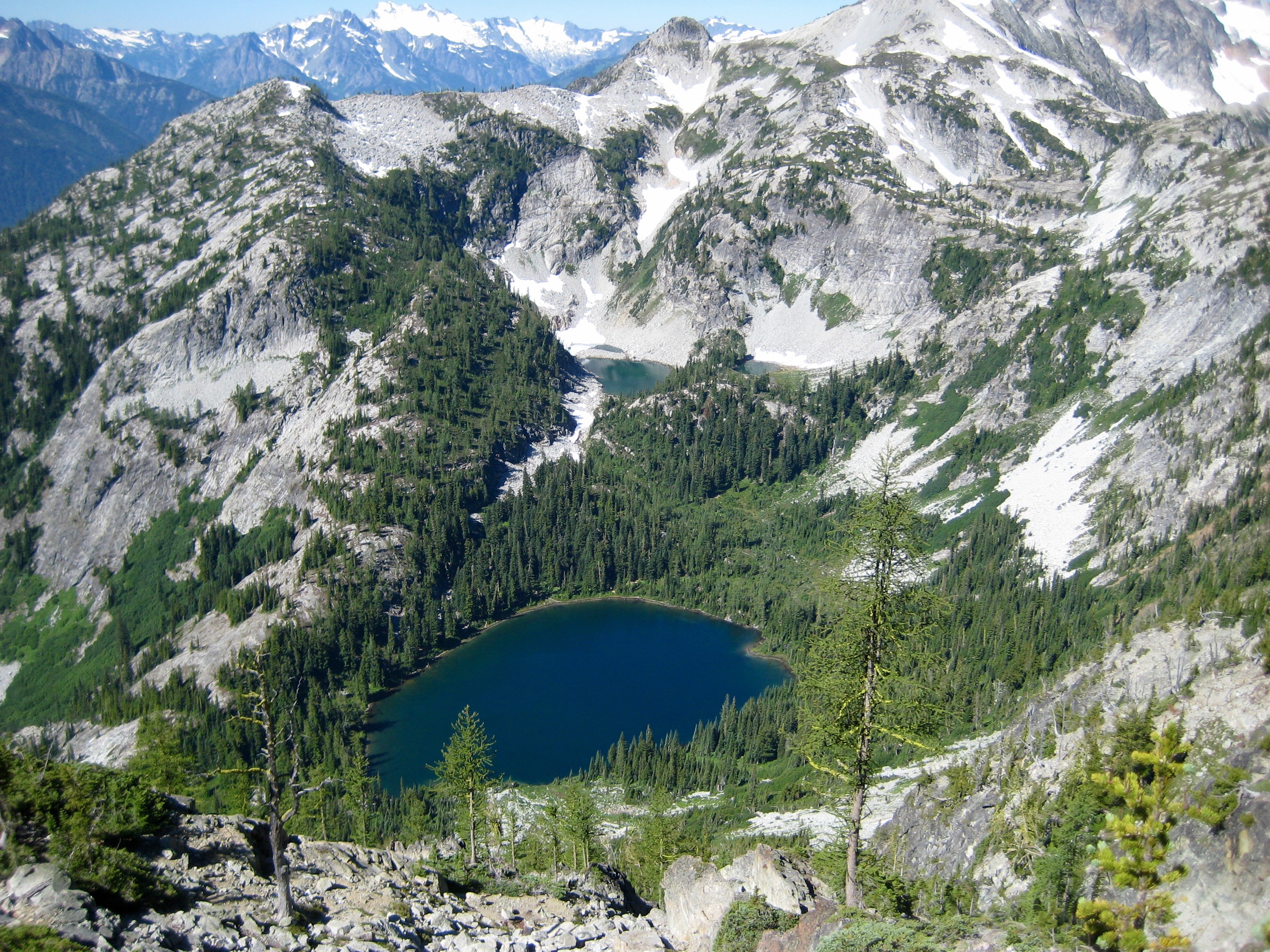 looking down on Rainbow Lake in the North Cascades from Bowan Pass in the Stehekin Mountains