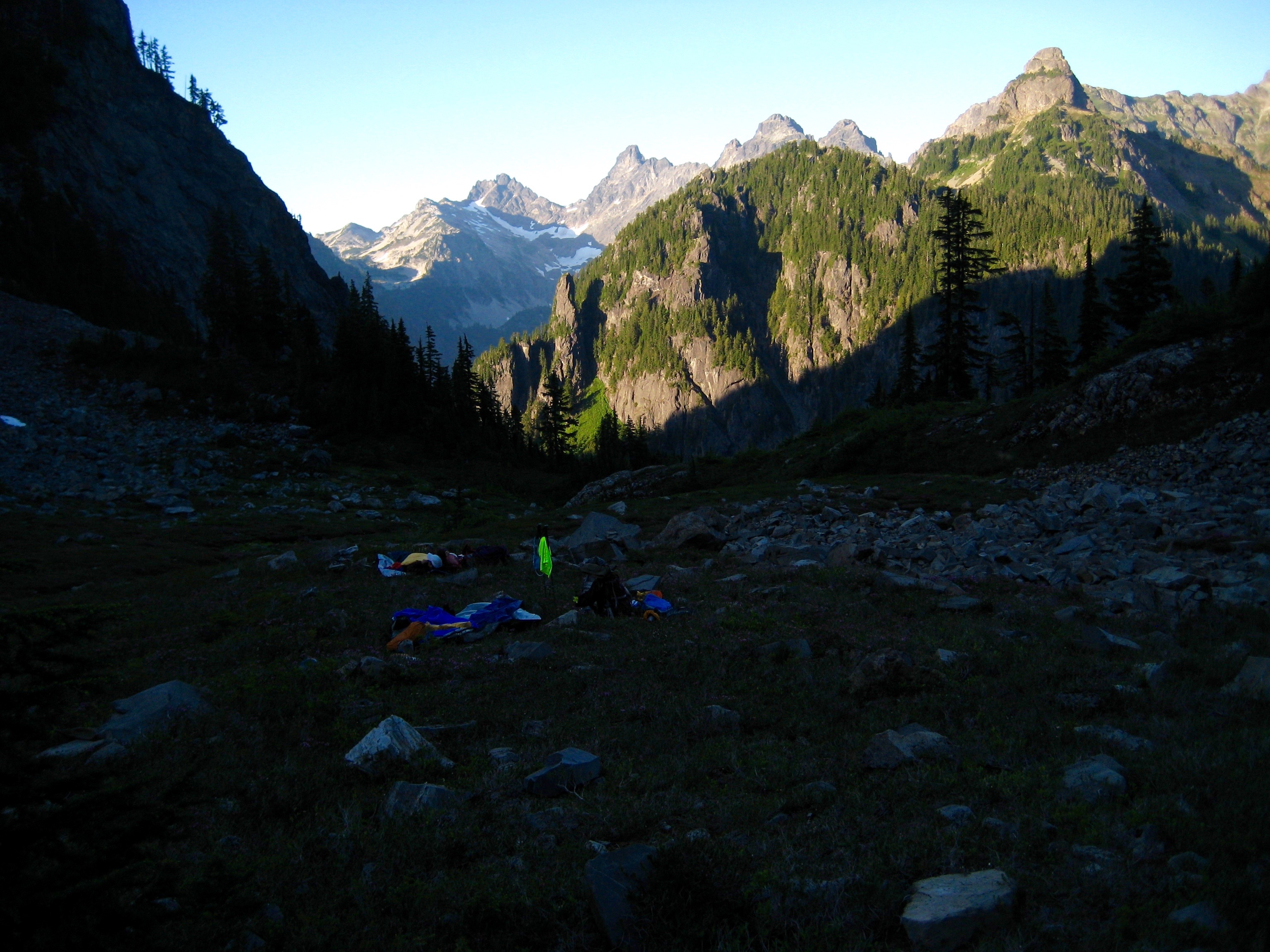 evening light on Chimney Rock and Lemah Mountain with climbers camp in the foreground