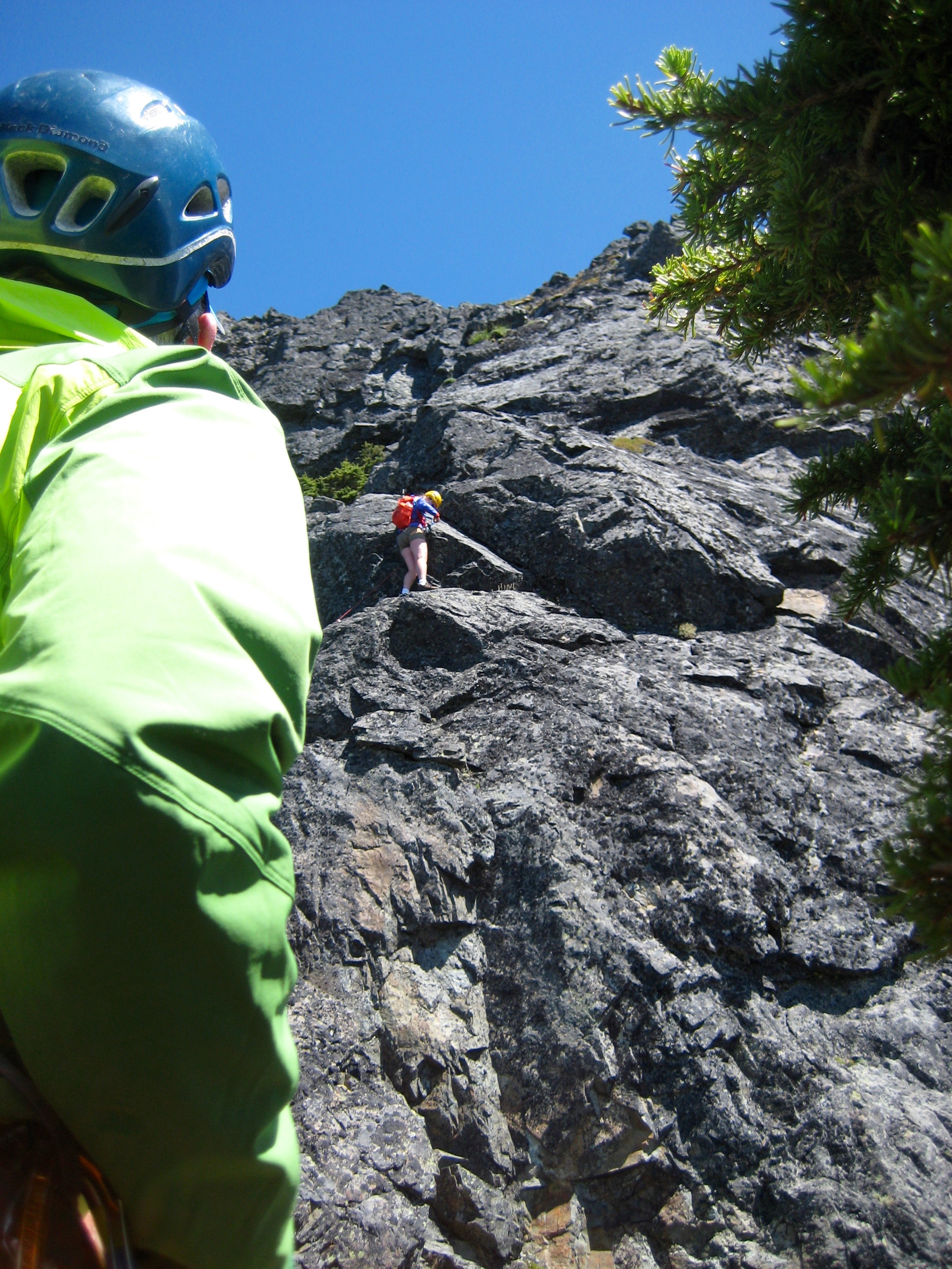 rock climbers on steep rocky pitch on Mt Thomson in the Snoqualmie Mountains