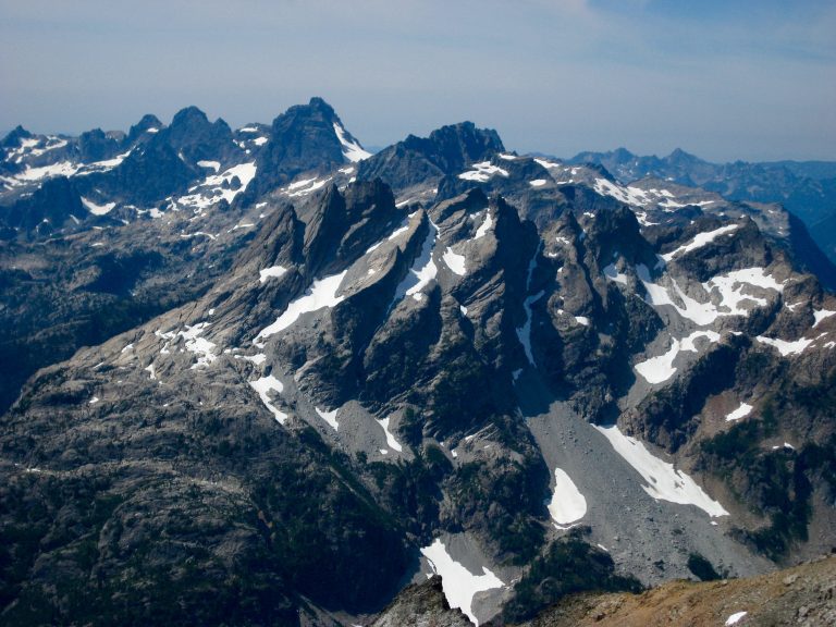 Bears Breast Mountain in the Alpine Lakes Wilderness displays interesting angled layering patterns when viewed from Mt Daniel