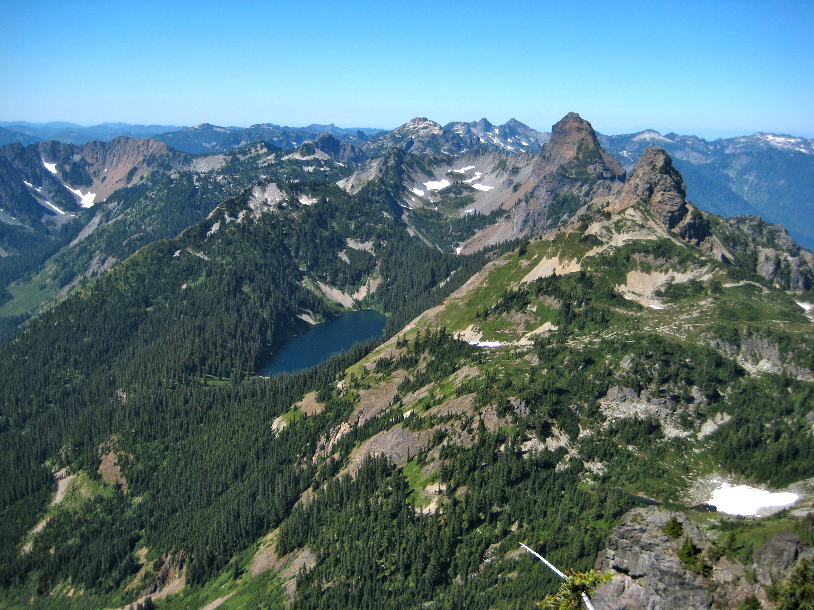 Mt Thomson sits high on the ridge above Joe Lake in the Snoqualmie Mountains