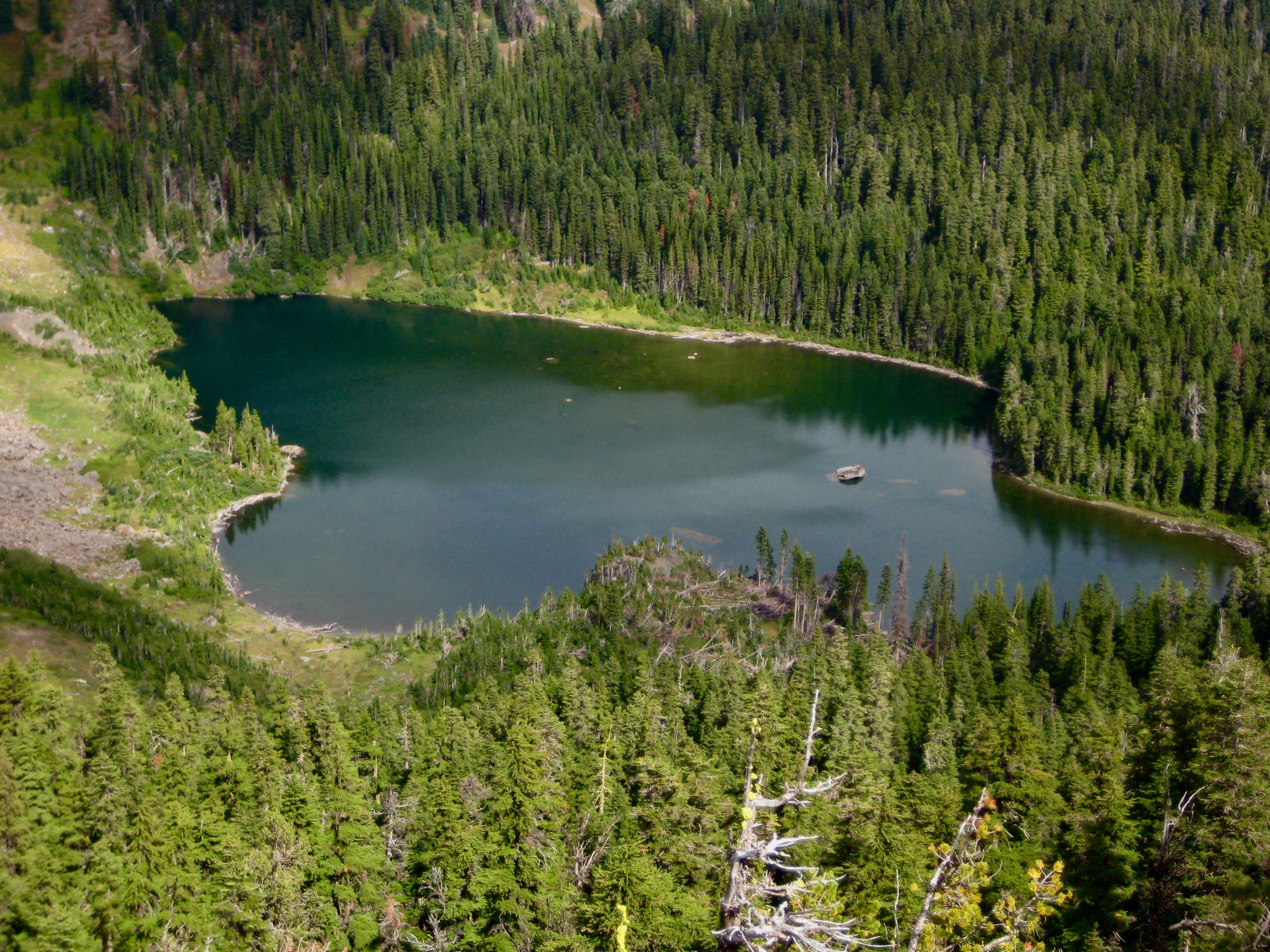 Lake Ethel surrounded by evergreen trees in the Chiwaukum Mountains as seen from Ethel-Eileen Saddle in the Alpine Lakes WIlderness