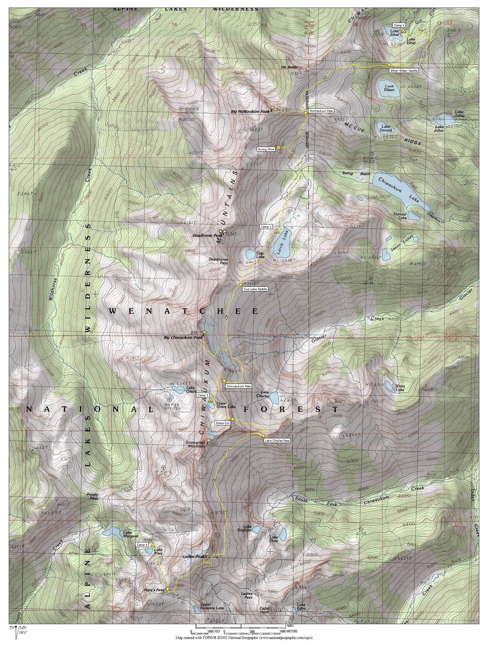 High Chiwaukum Traverse Route Map with topo lines and marked climber camps