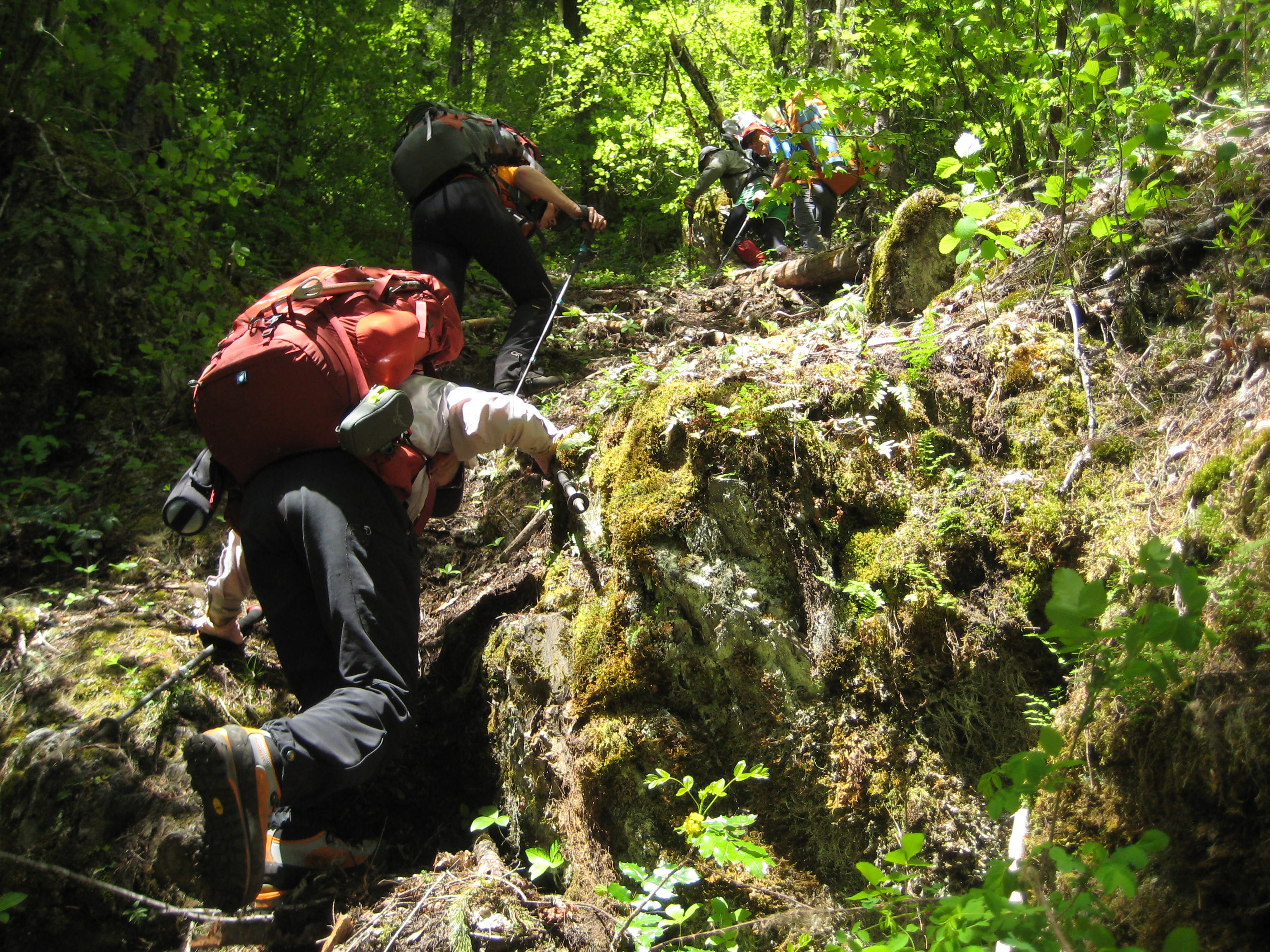 mountain climbers scrambling up steep rocky step in the Sumallo Mountains BC Canada