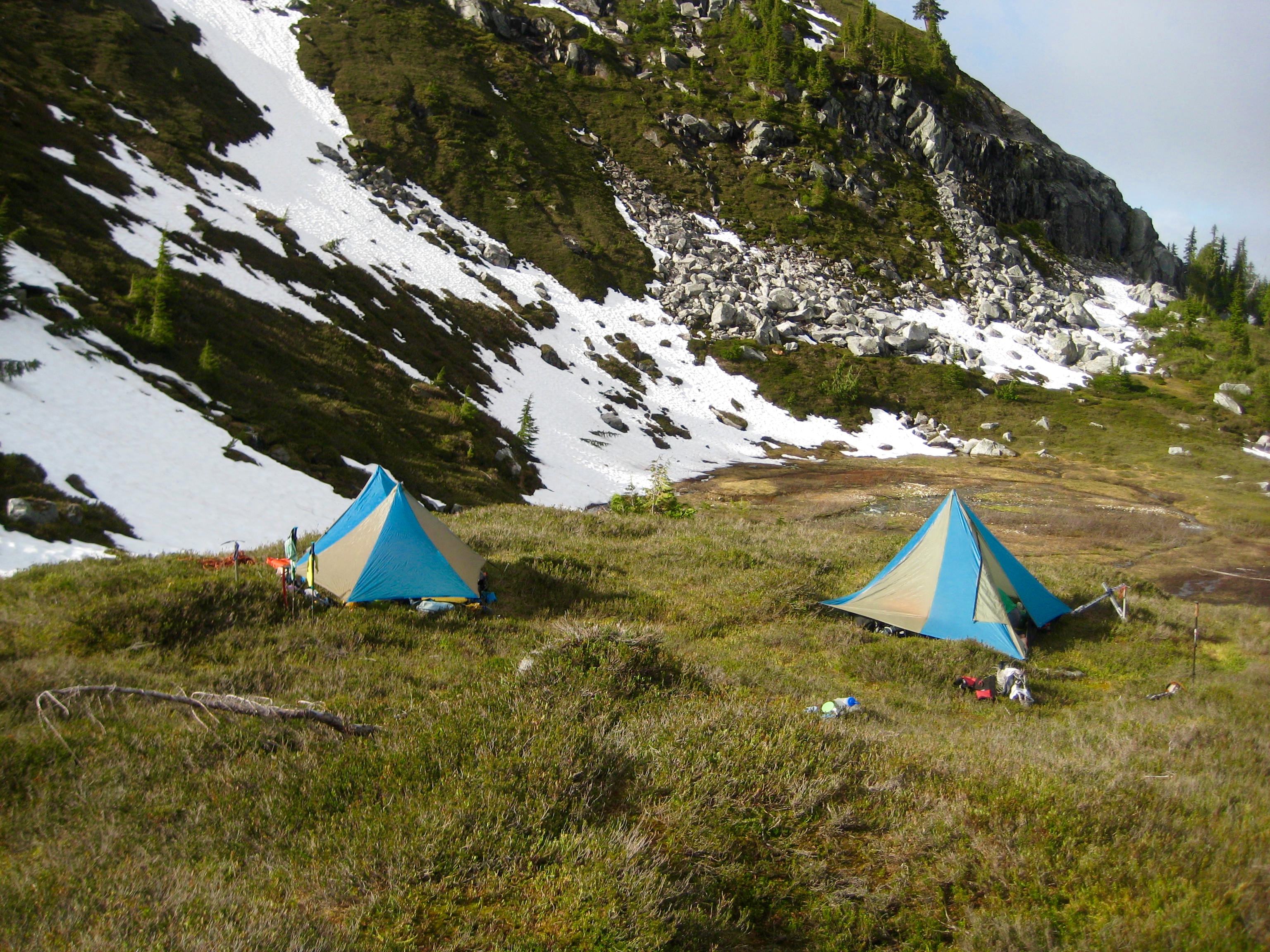 mountain climber's camp in the heather meadows above Cub Lake in the Ptarmigan Mountains with rock and snow scree slopes in the background