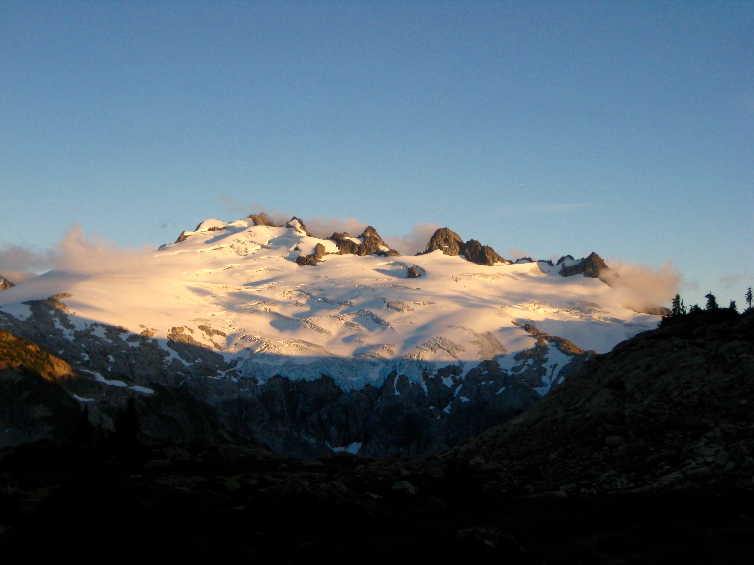 evening light on Mt Challenger from Middle Lakes Plateau in the American Chilliwack Mountains