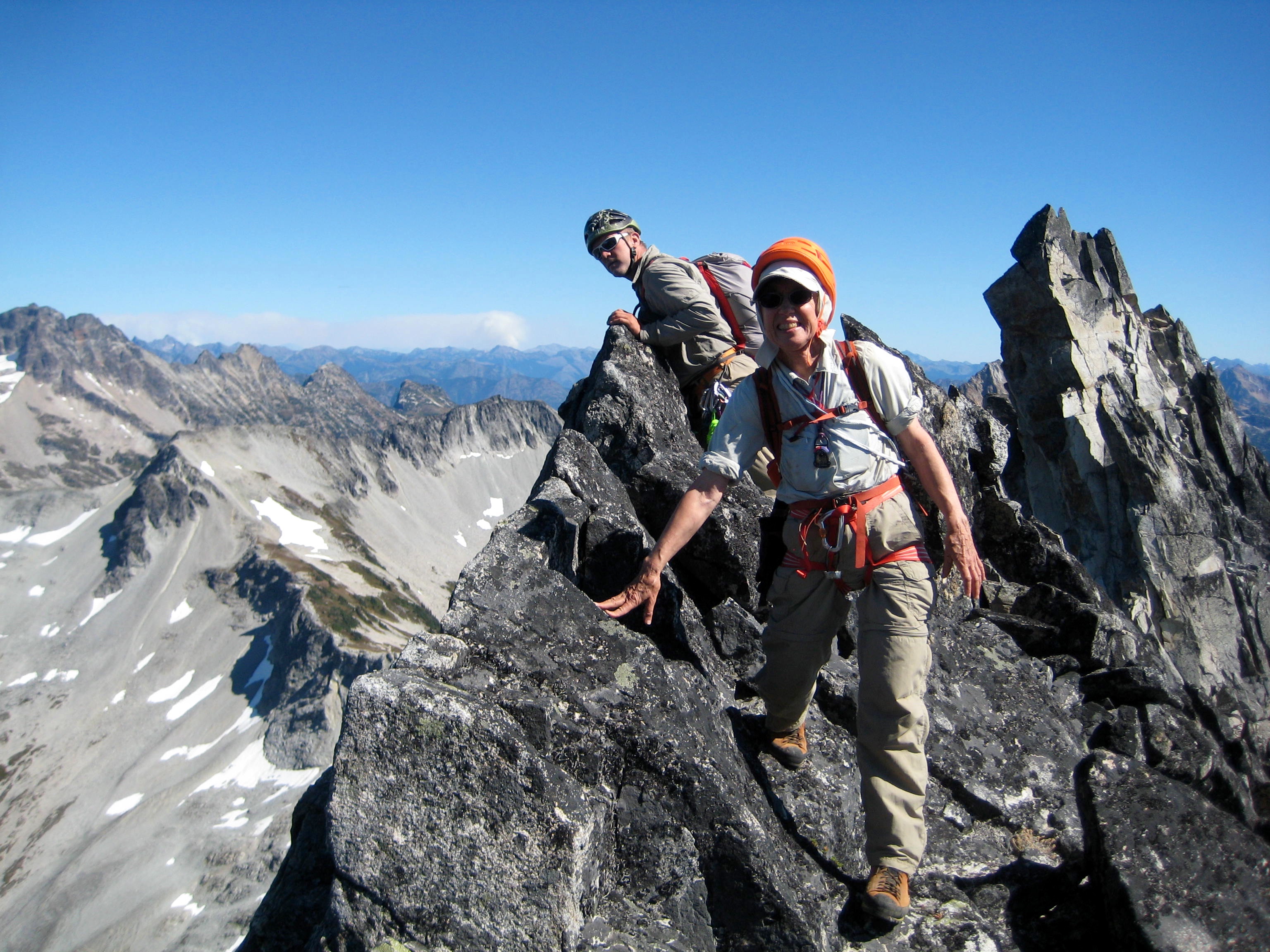 mountain climbers on the Bear Claw on the East Ridge of Bear Mountain in the American Chilliwack Mountains