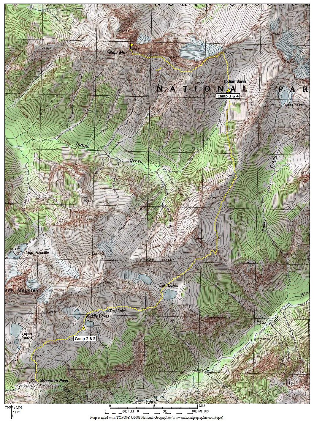 Route Map from Whatcom Pass to Bear Mountain in the American Chilliwack Mountains 