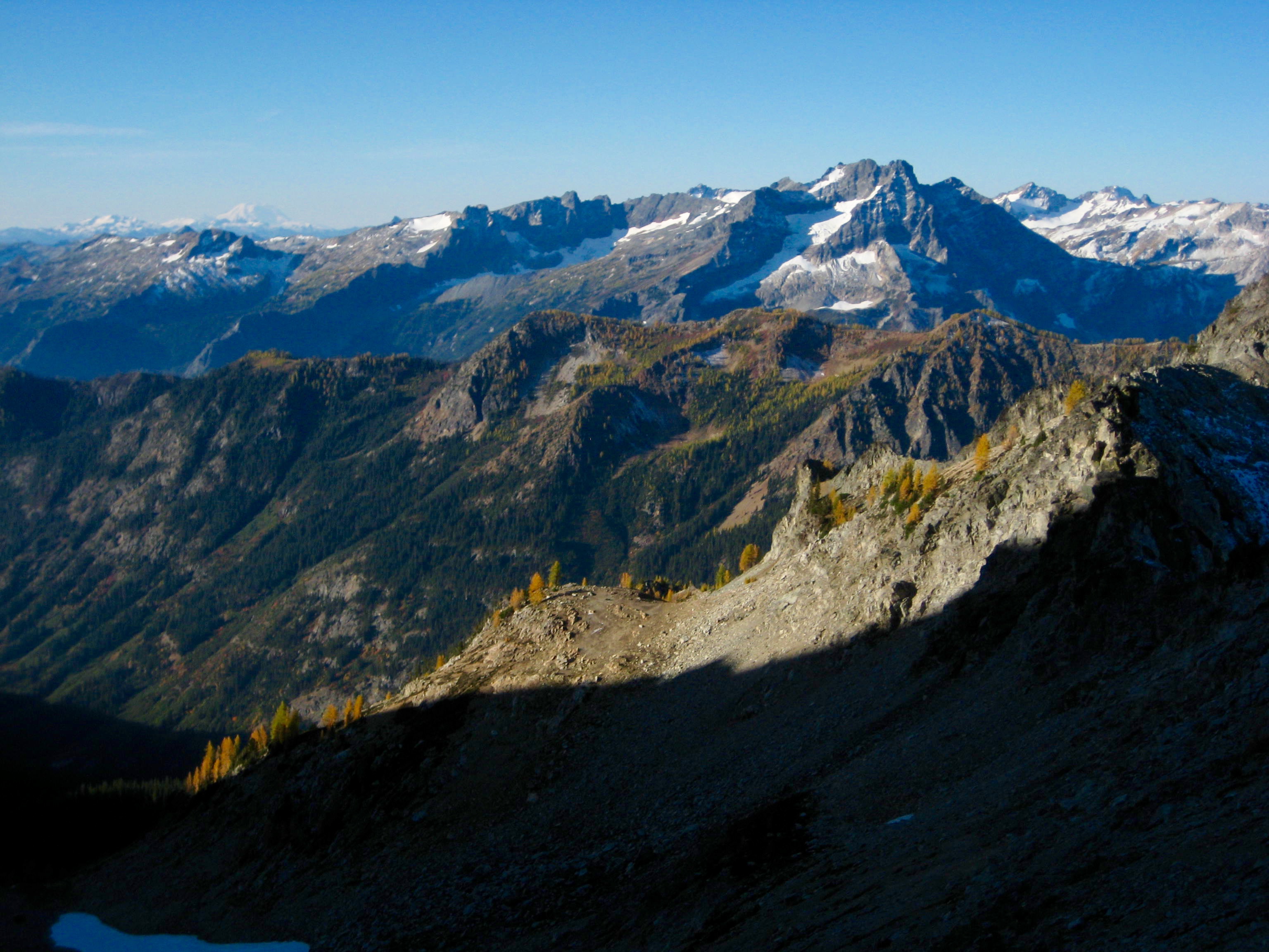 Buck Mountain with snow patches as seen from the slopes of Seven-Fingered Jack in the Entiat Mountains