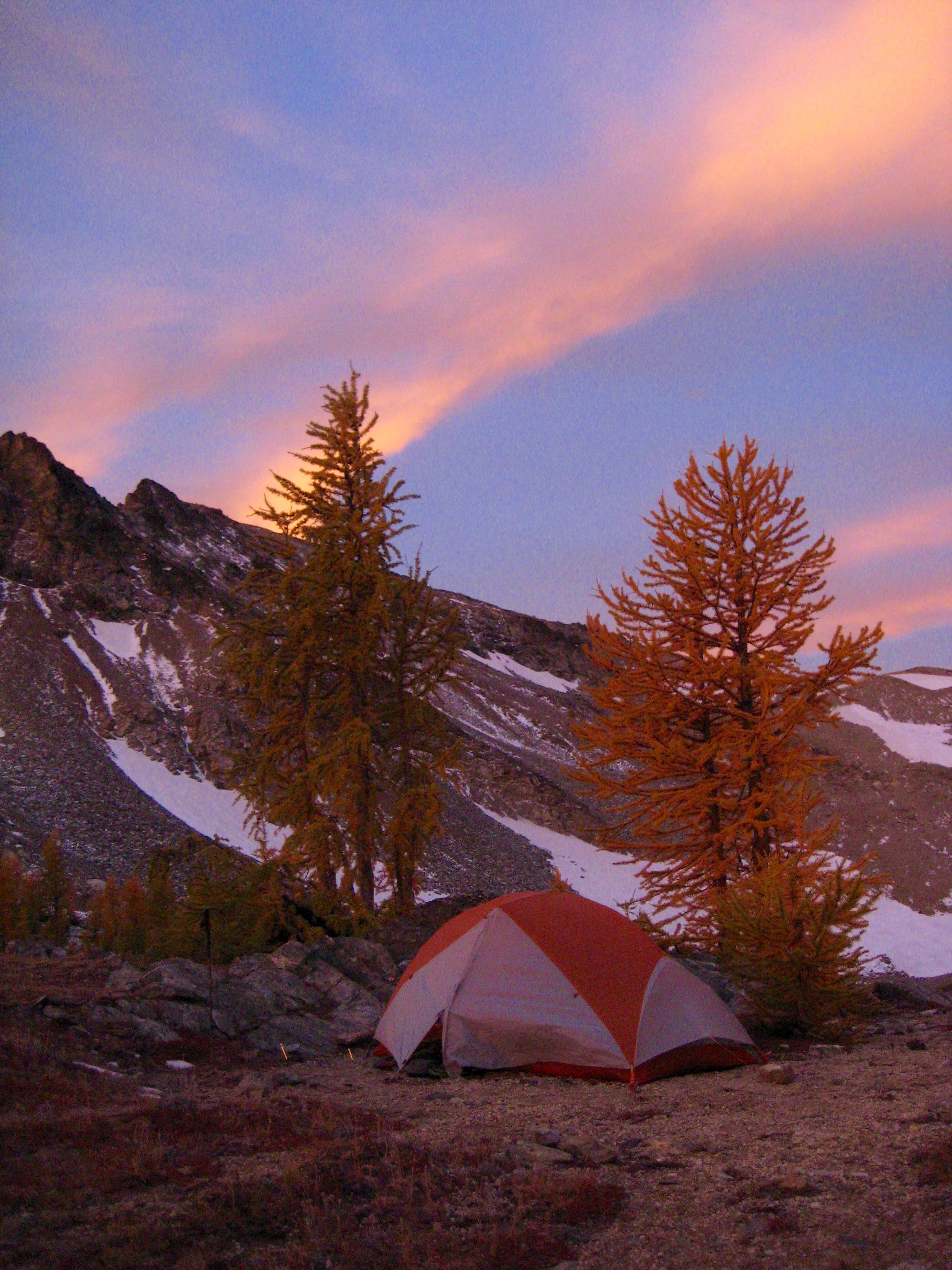 sunrise at Upper Ice Lakes with rocky slabs and golden larch trees and a single mountain climbers tent