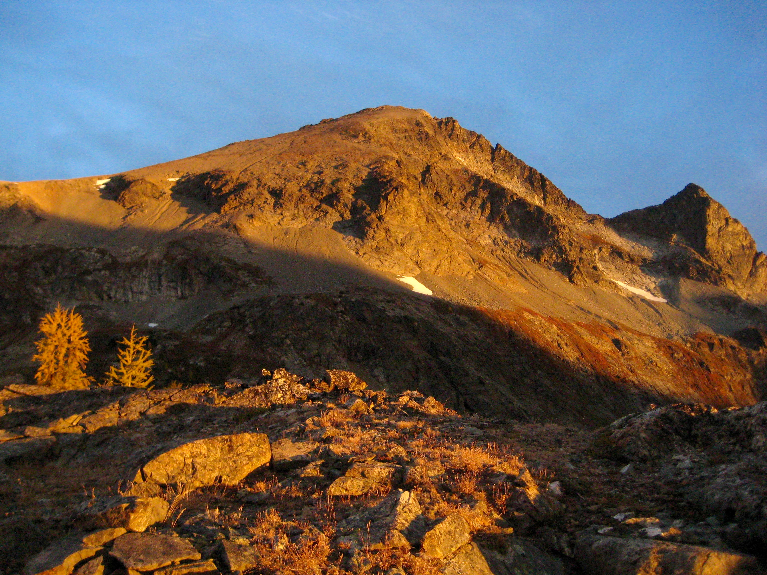 Alpenglow on Mt Maude as seen from mountain climber camp at Ice Lakes in the Entiat Mountains