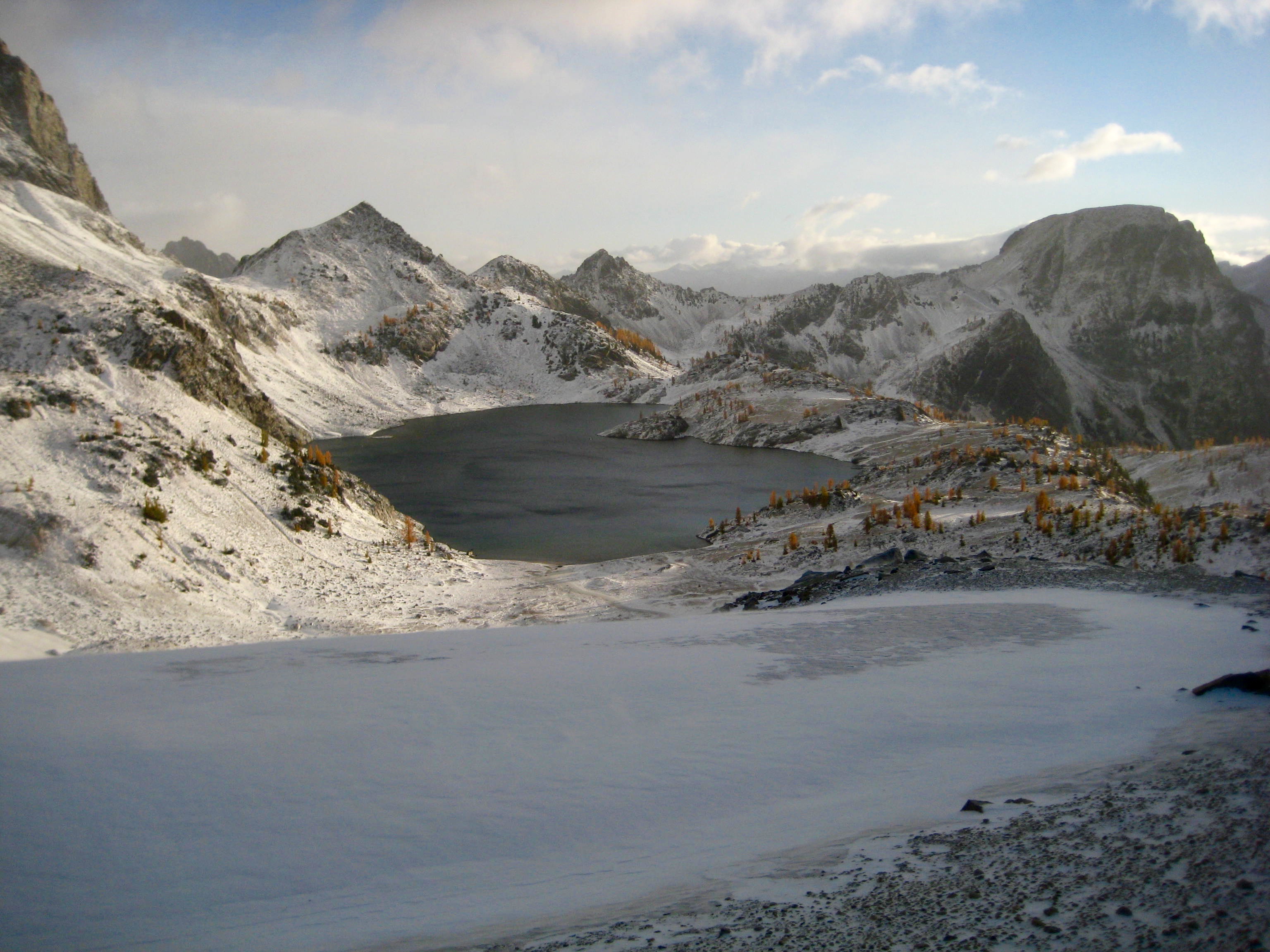 Looking down on Upper Ice Lakes covered with a fresh layer of snow
