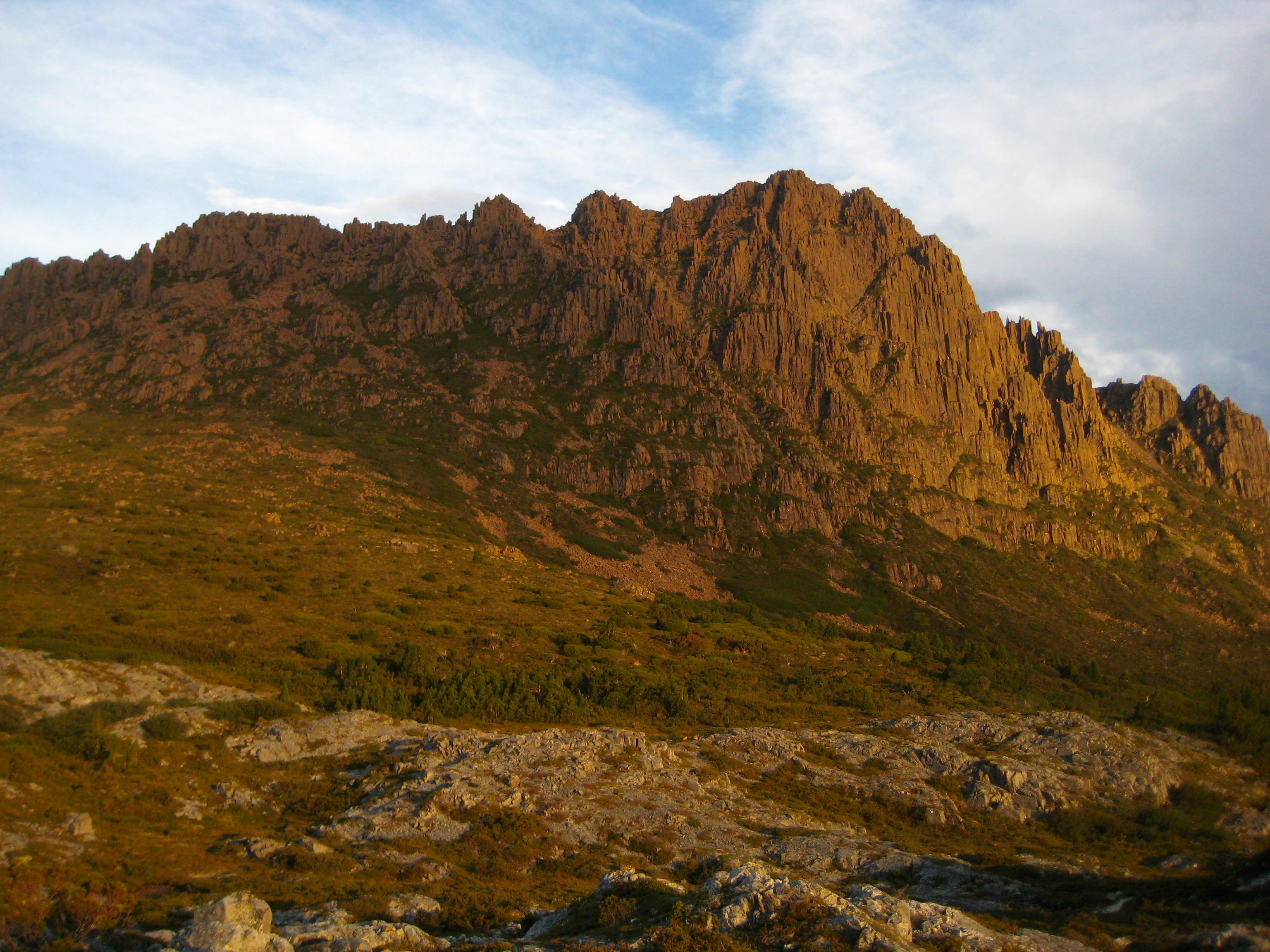 evening light on Cradle Mountain from hikers camp