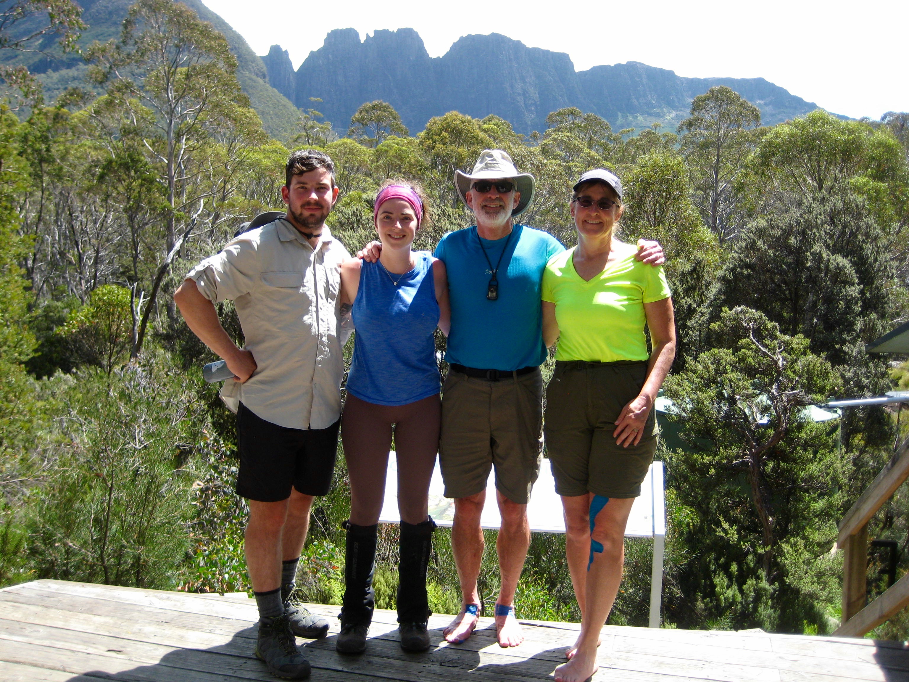 group of trekkers at Bert Nichols Hut on the Overland Track