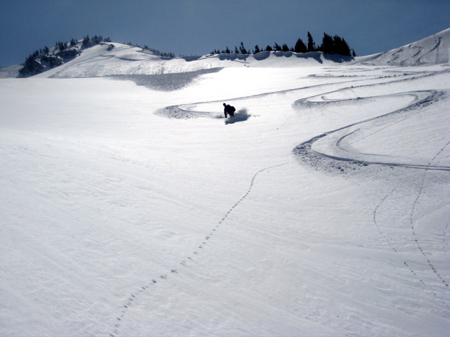 A skier makes telemark turns in Henry Creek Bowl on Jim Hill Mountain