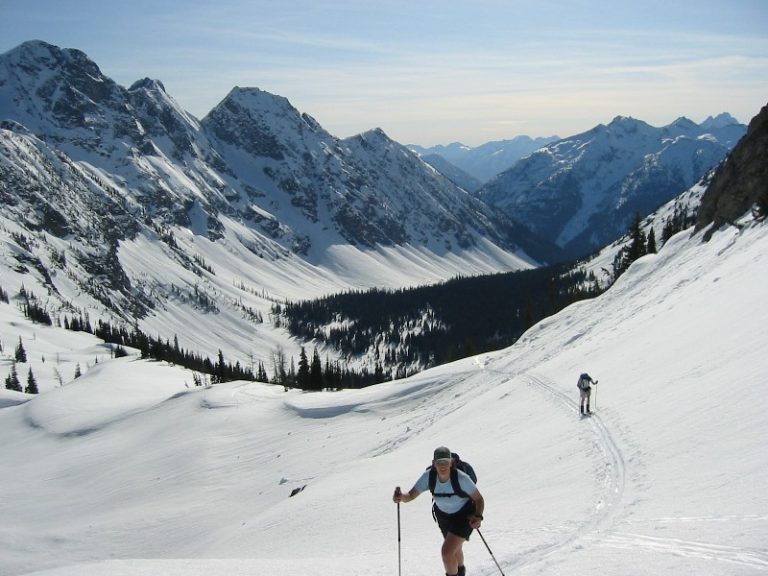 Backcountry skiers tour up Copper Creek Valley