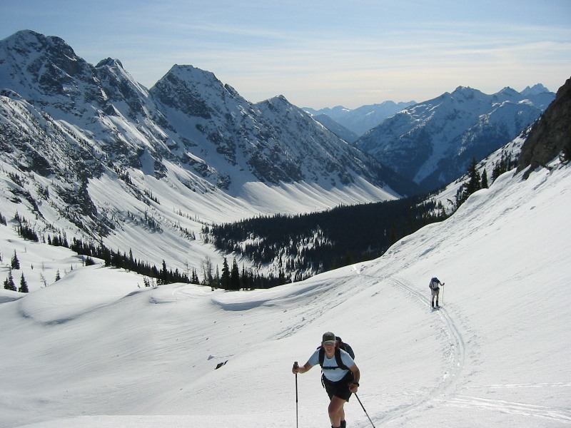 Backcountry skiers tour up Copper Creek Valley