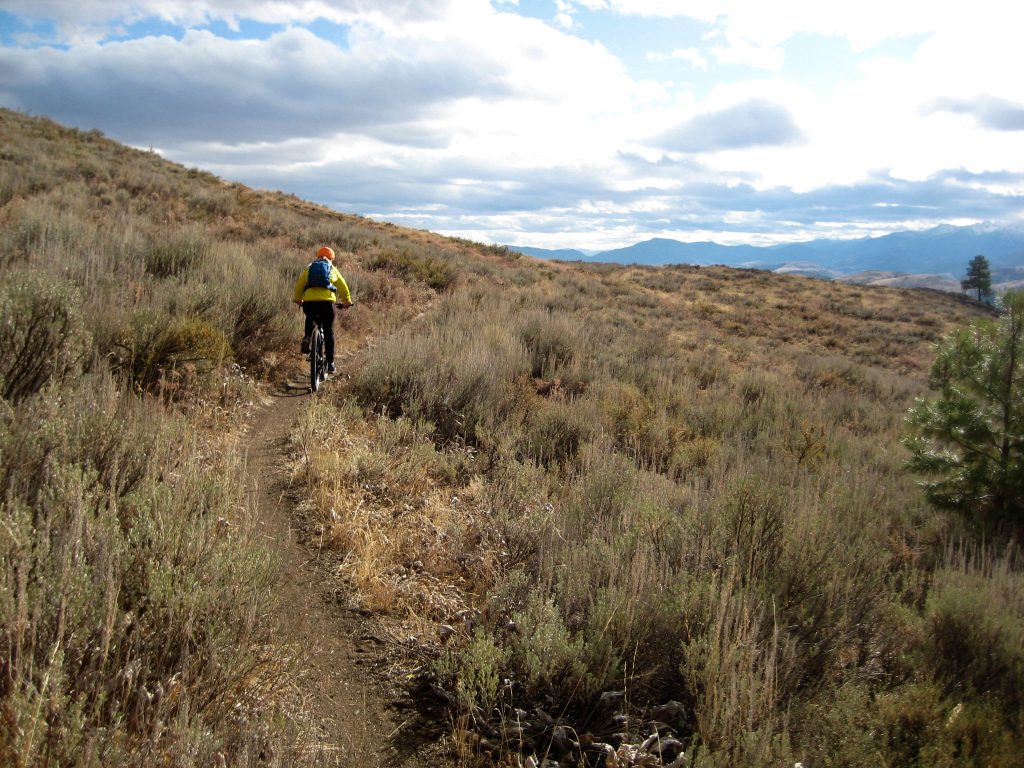 A mountain biker cruises down the south ridge of Buck Mountain during bike loop