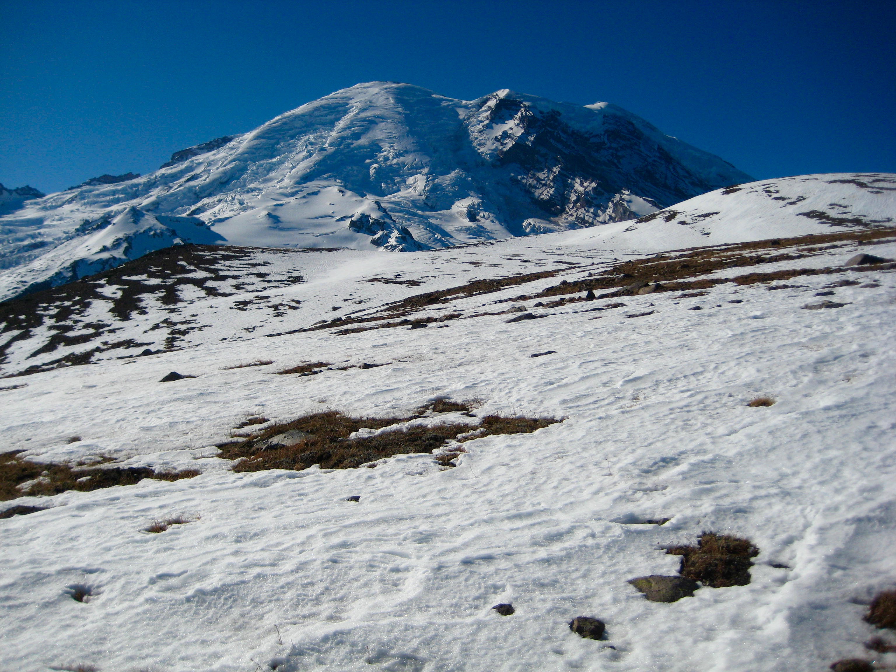 A snow-covered tundra on Third Burroughs Mtn leads toward Mt Rainier during trail loop