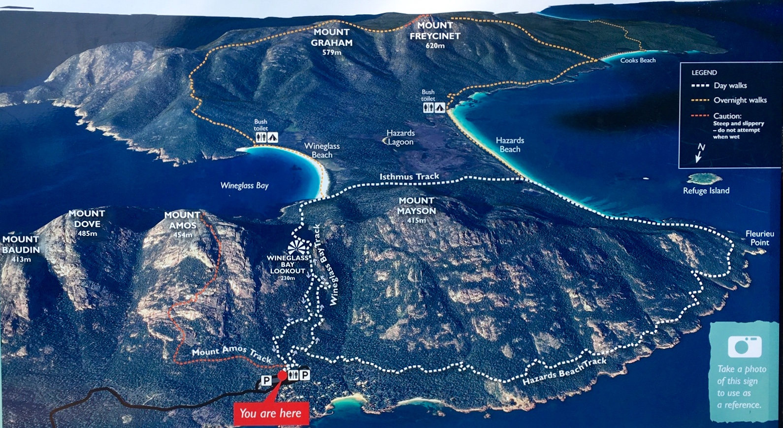 Photomap of Freycinet National Park including hiking routes to Mt Amos, Wineglass Bay, and Hazards Beach in Tasmania 