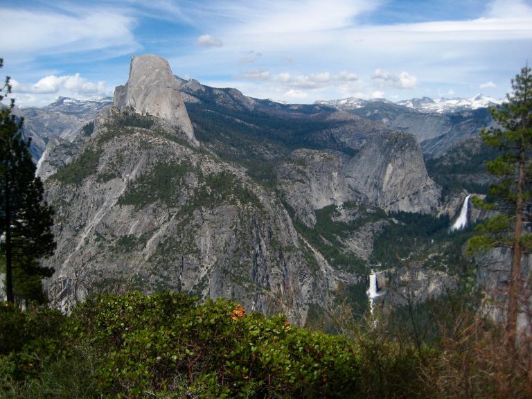 Looking across valley at Half Dome and Little Yosemite Valley from Glacier Point during trail loop