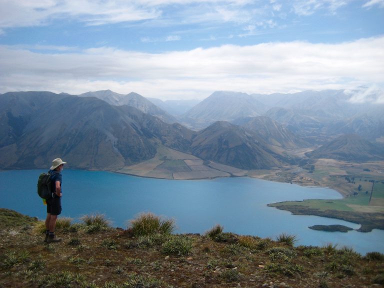 A lone hiker gazes over Lake Coleridge from the broad summit of Peak Hill
