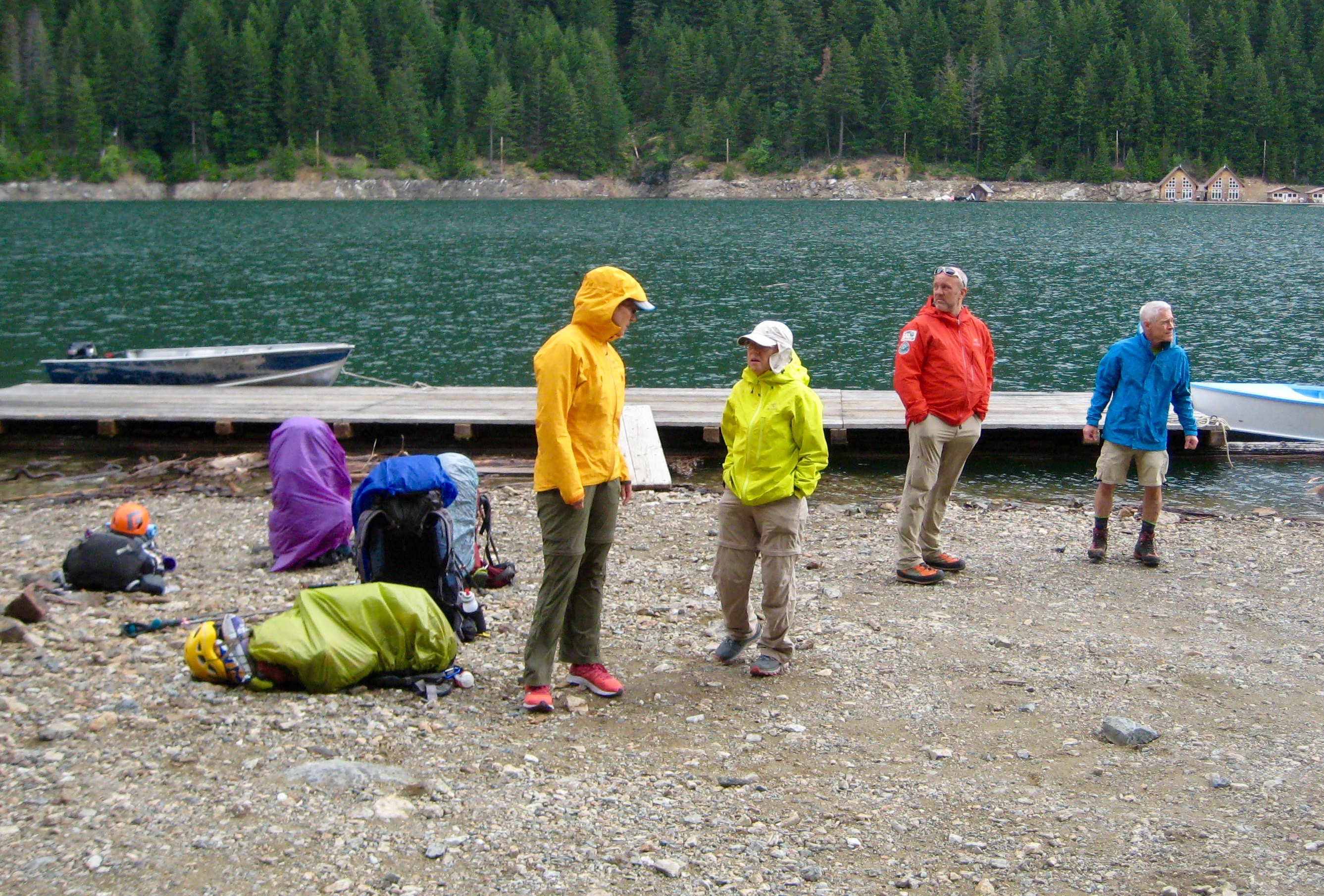 climbers waiting for boat at Ross Lake Landing in North Cascades National Park