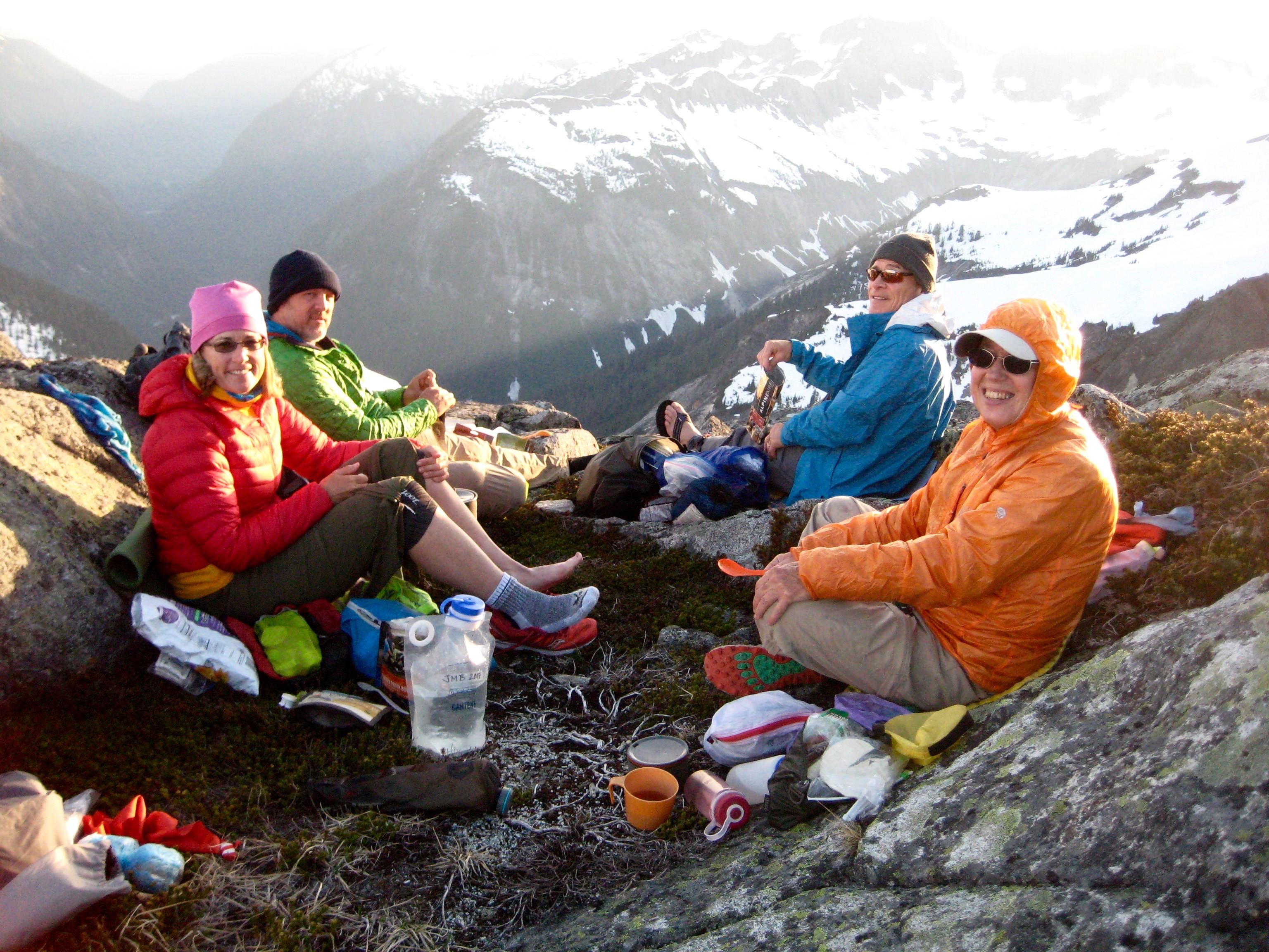 climbers having dinner at Perfect Pass below Whatcom Peak marking the start of the Picket Traverse