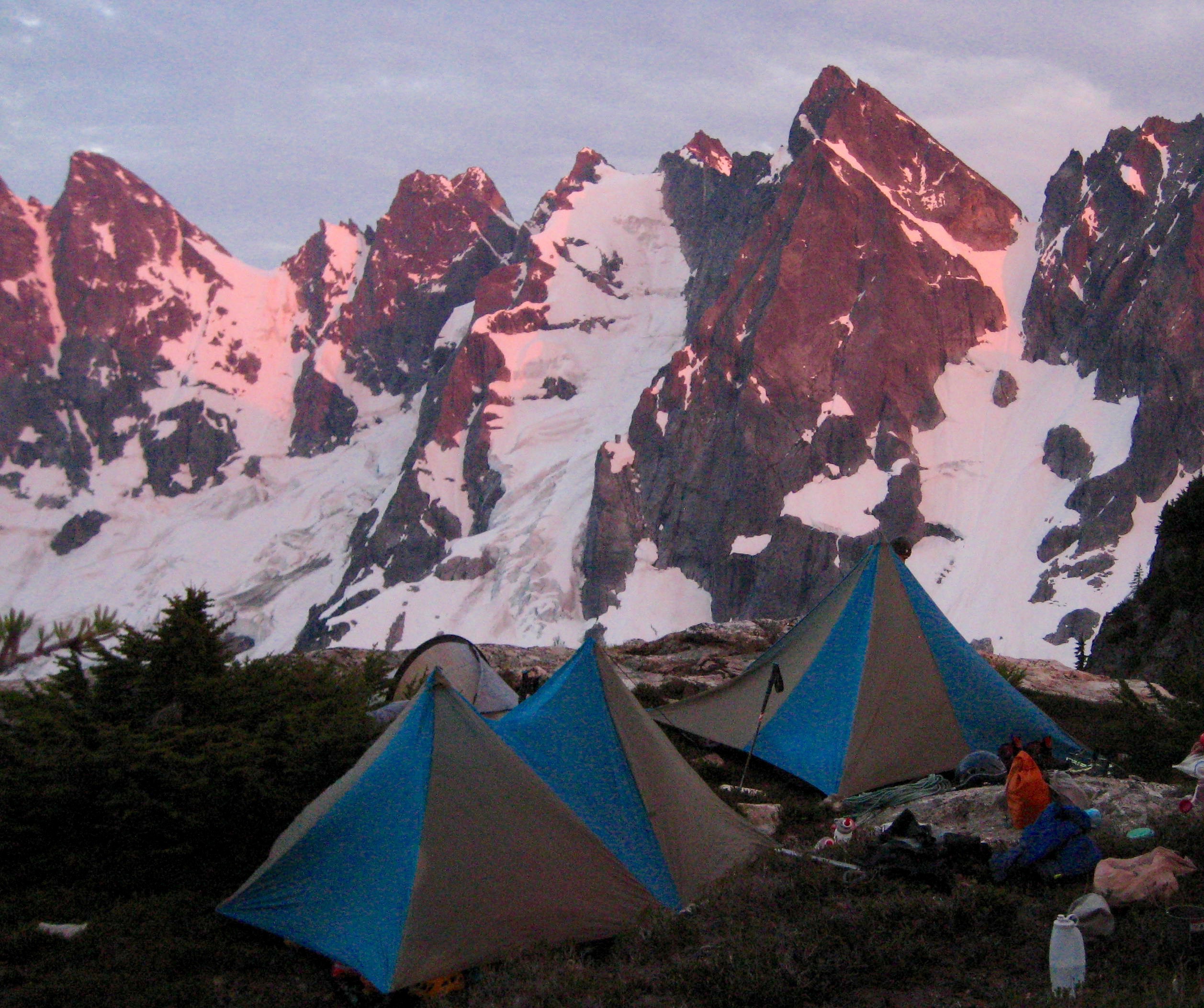 climbers camp at Picket Pass with view of the Southern Pickets marking the halfway point of the Picket Traverse