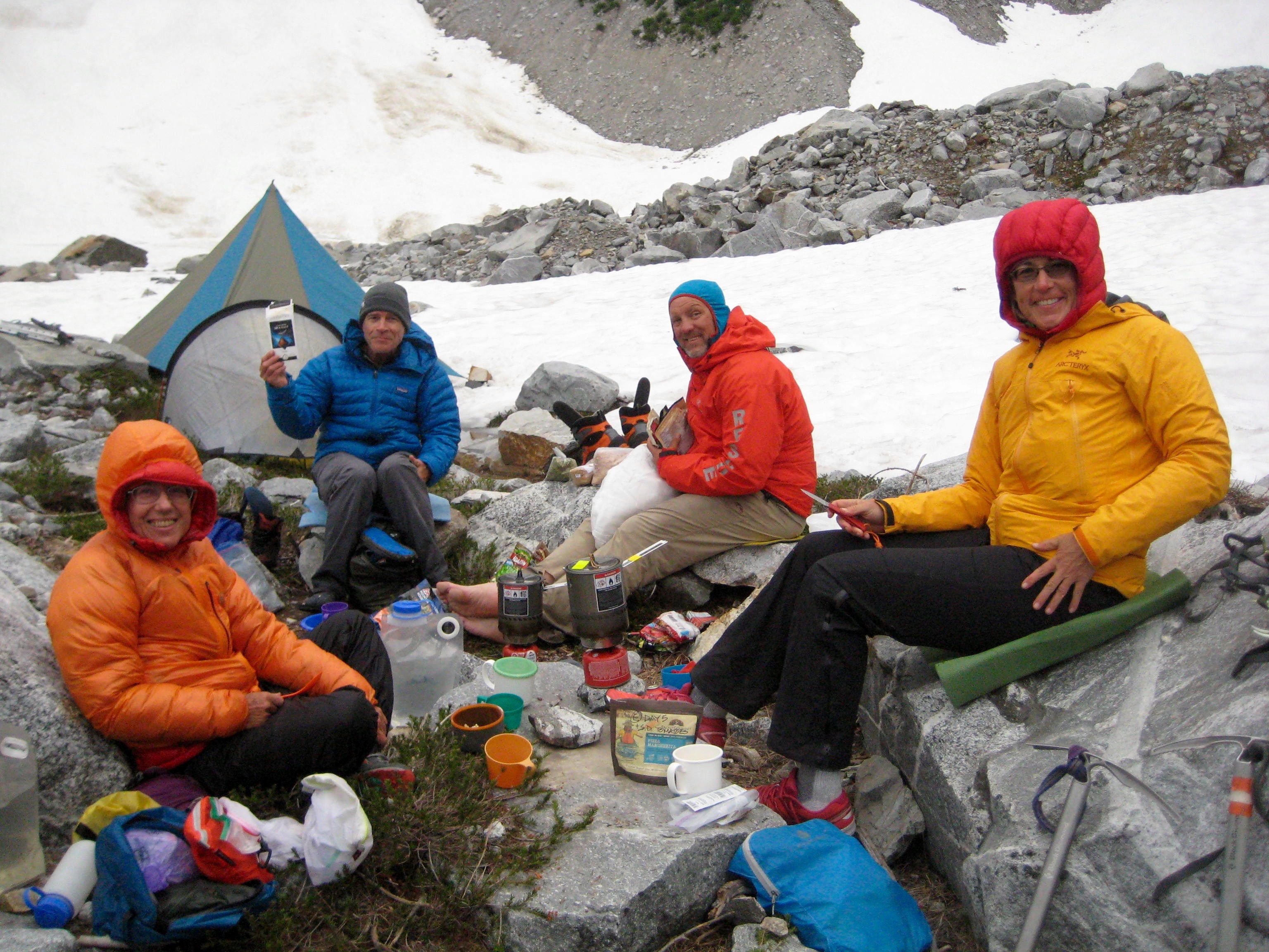 climbers having dinner at McMillan Tarn