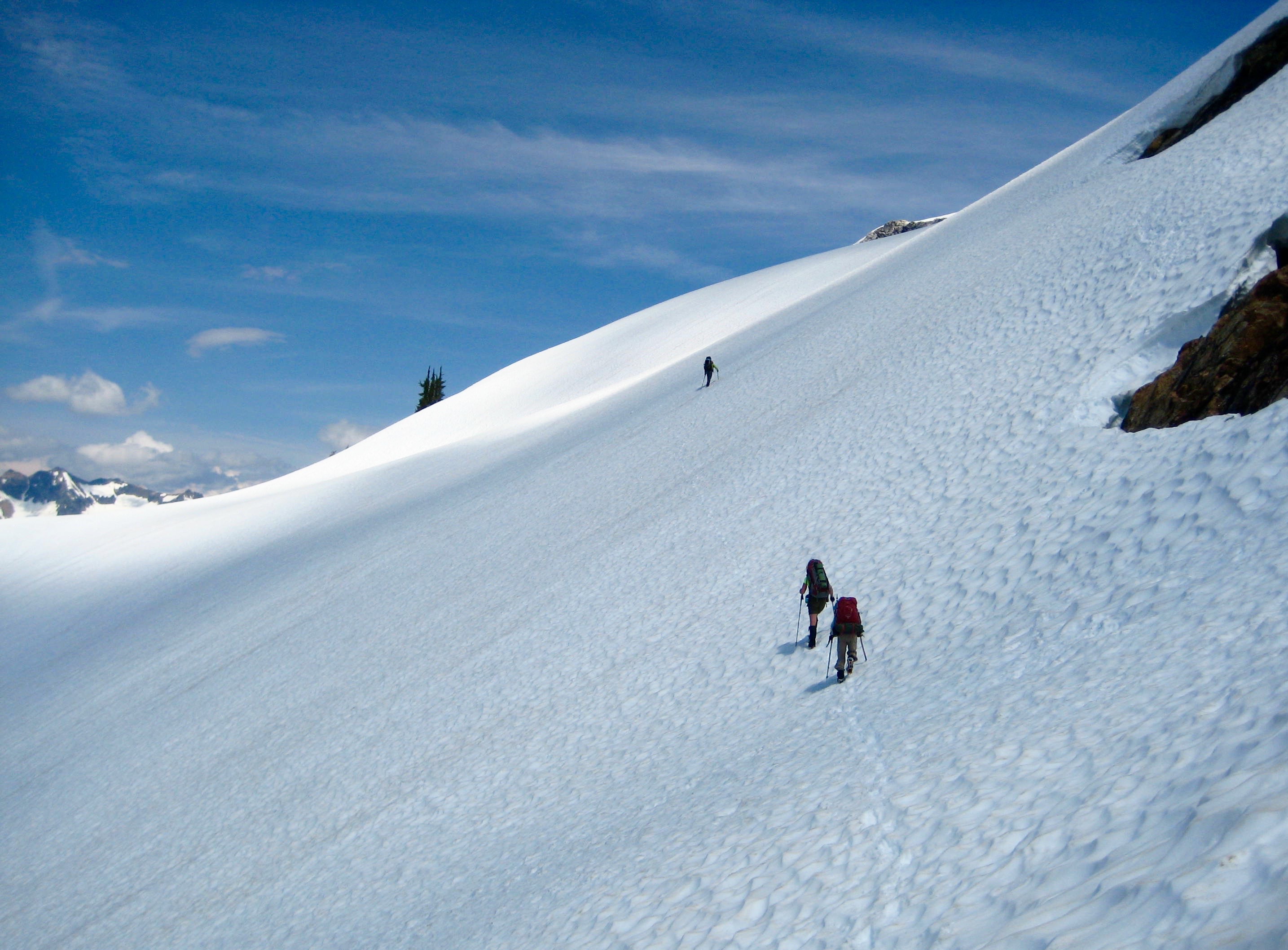 climbers ascending snow field to McMillan Pass