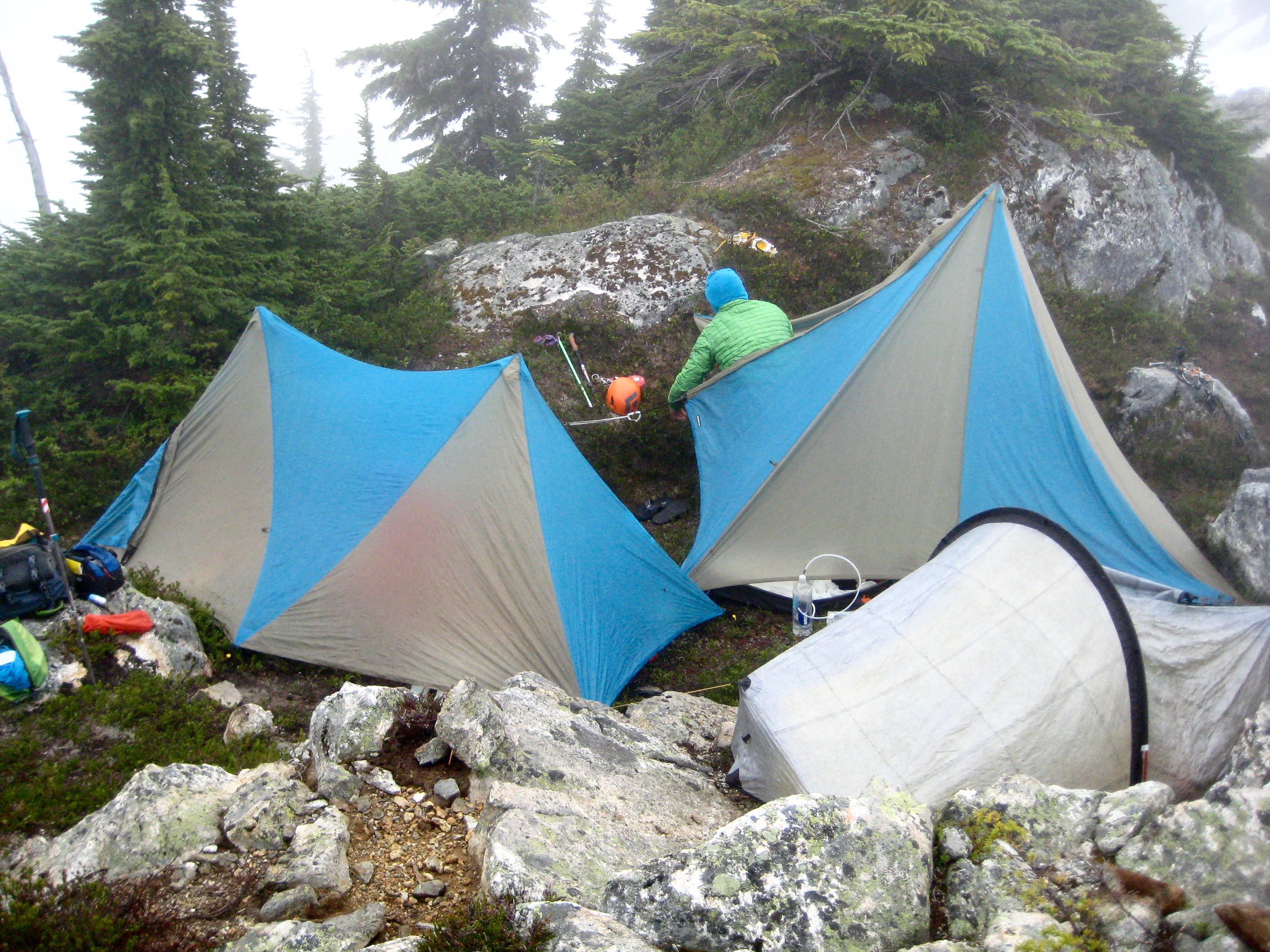 crowded climbers camp on Torrent Bench on Elephant Butte