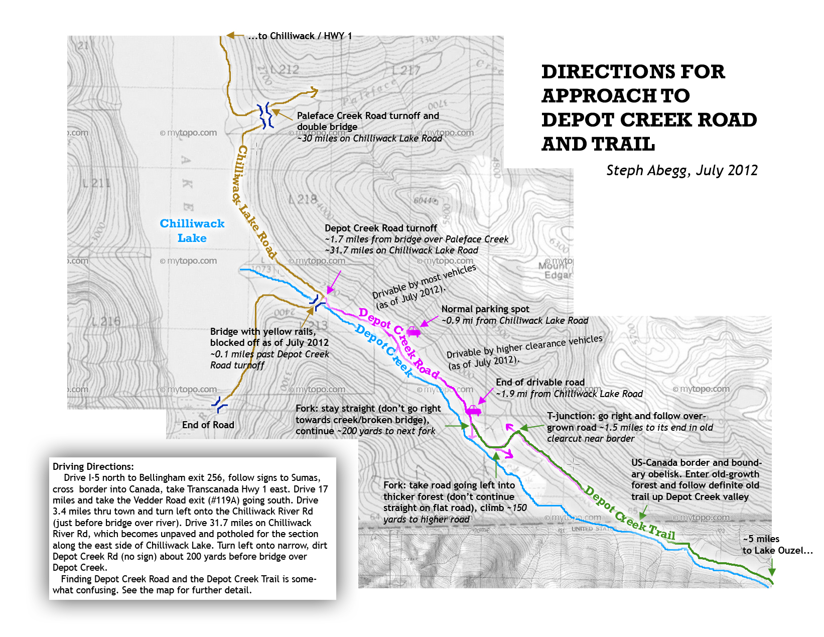 Map with directions on accessing Depot Creek Road and Trail in the American Chilliwack Mountains