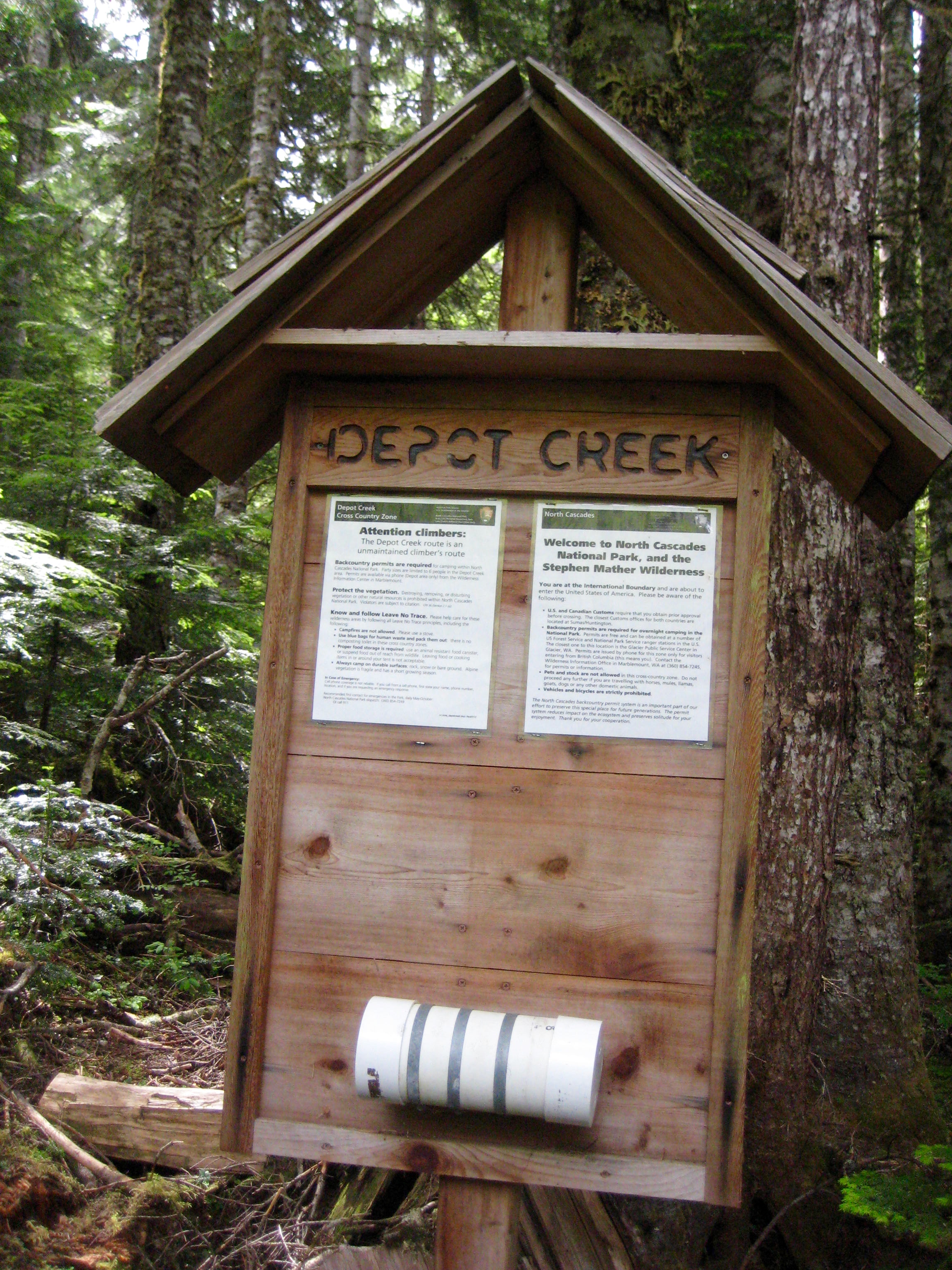Monument 65 registration Kiosk at Depot Creek leading into the American Chilliwack Mountains