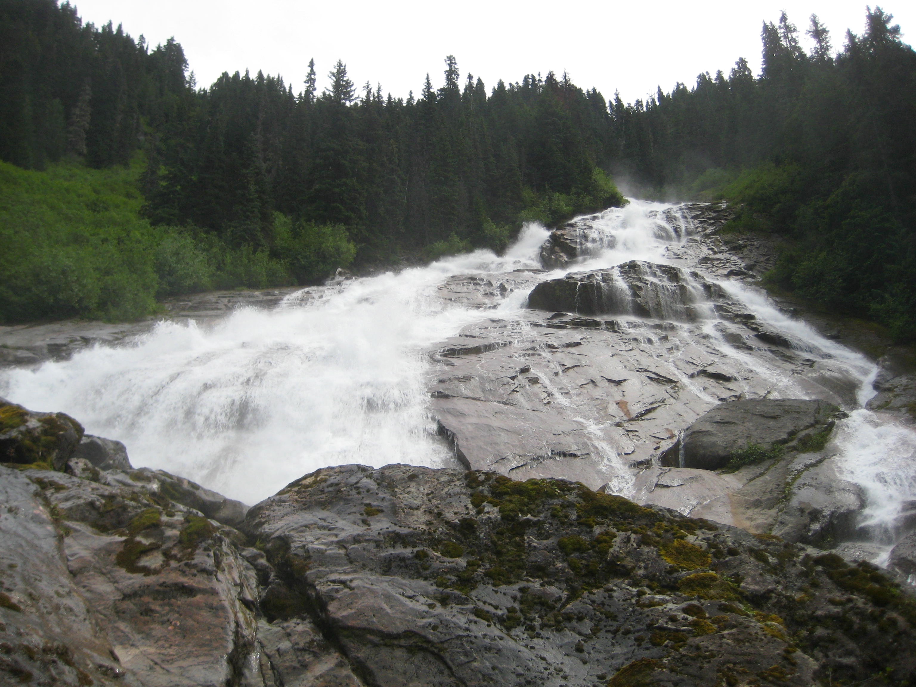 Looking up at Depot Creek Falls in the American Chilliwack Mountains