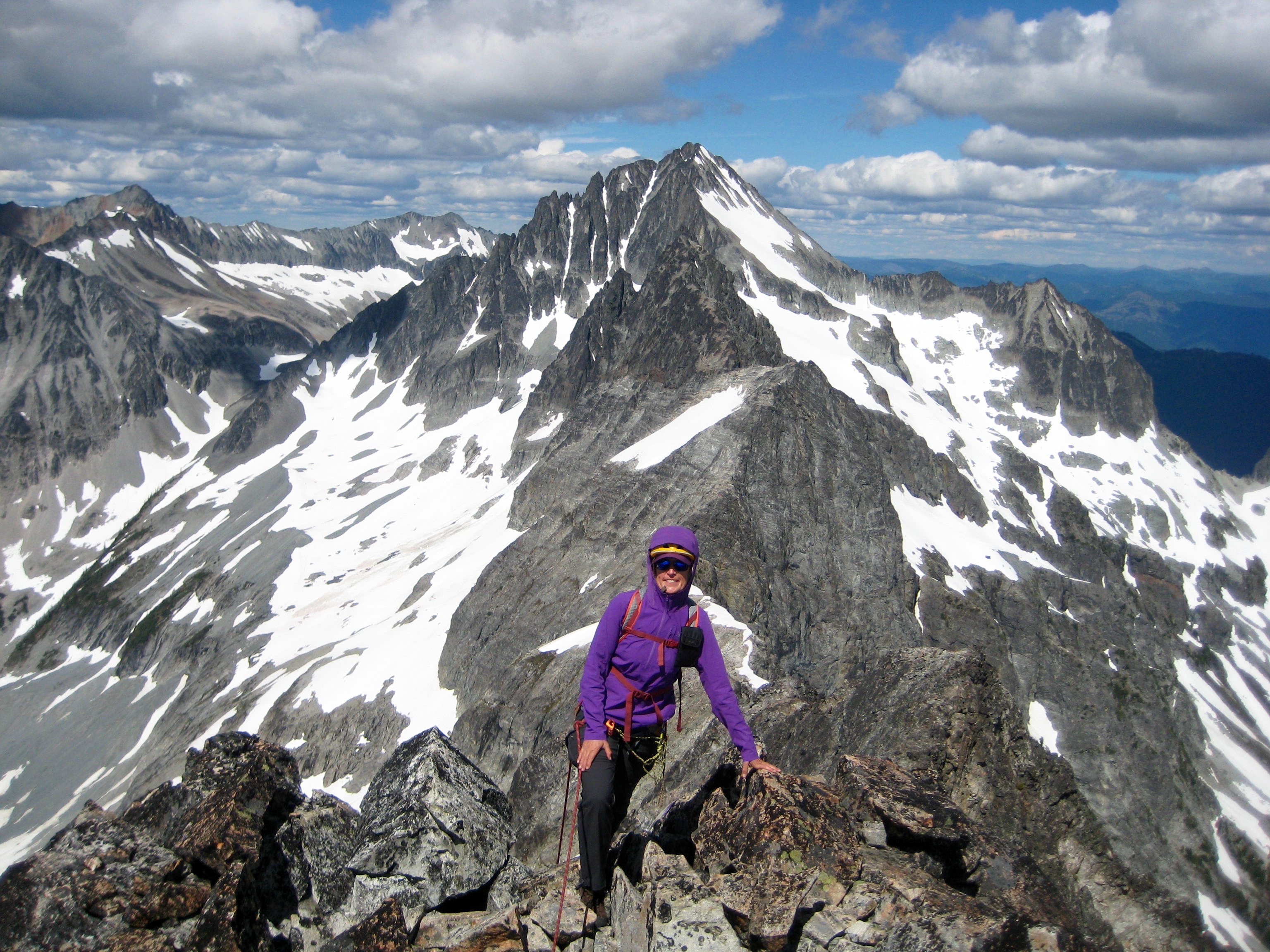 Eileen with Mt Spickard on the Easy Mox Peak Summit