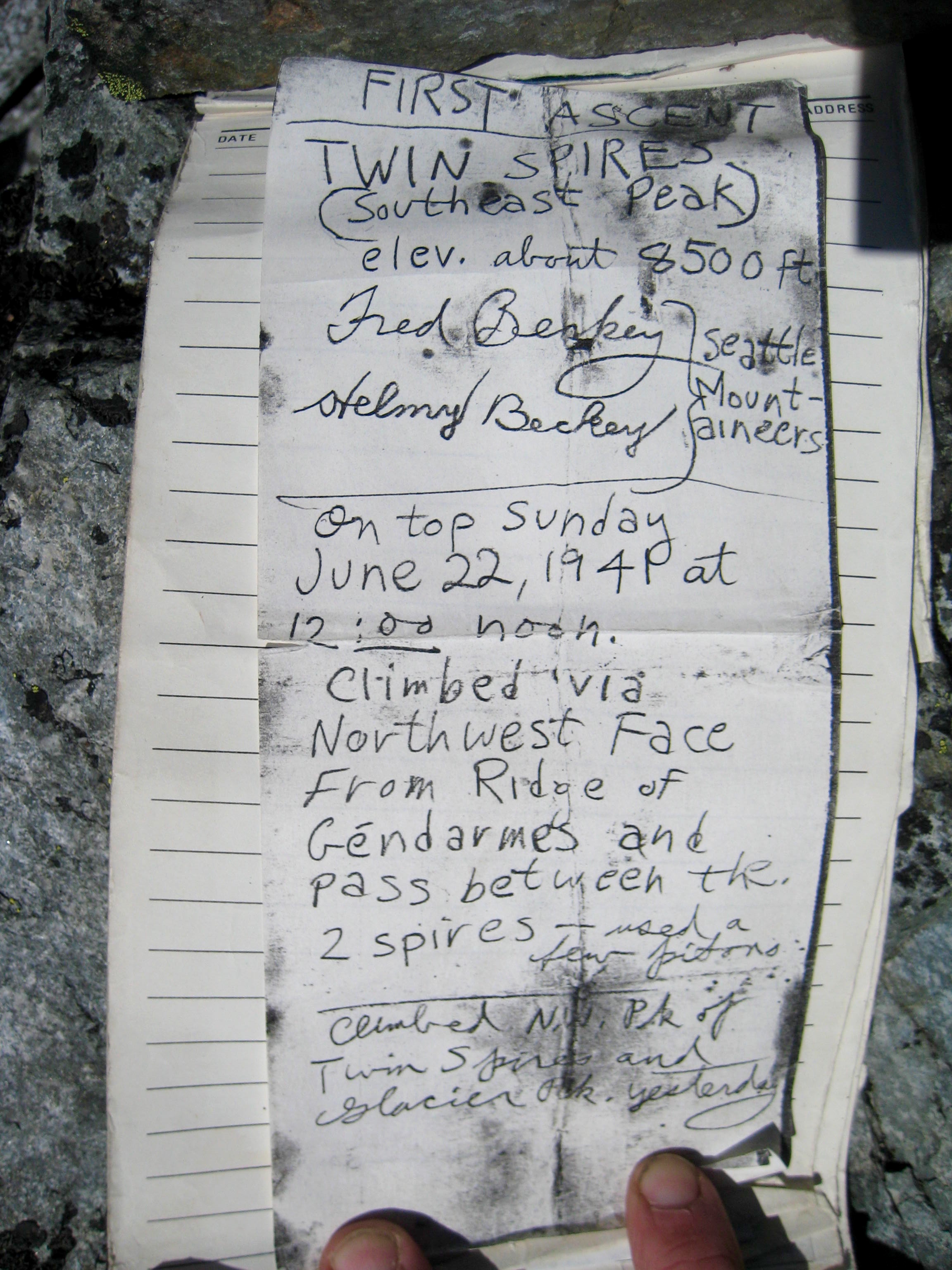 Historical First Page of mountain climbers summit registar on Hard Mox Peak in the American Chilliwack Mountains