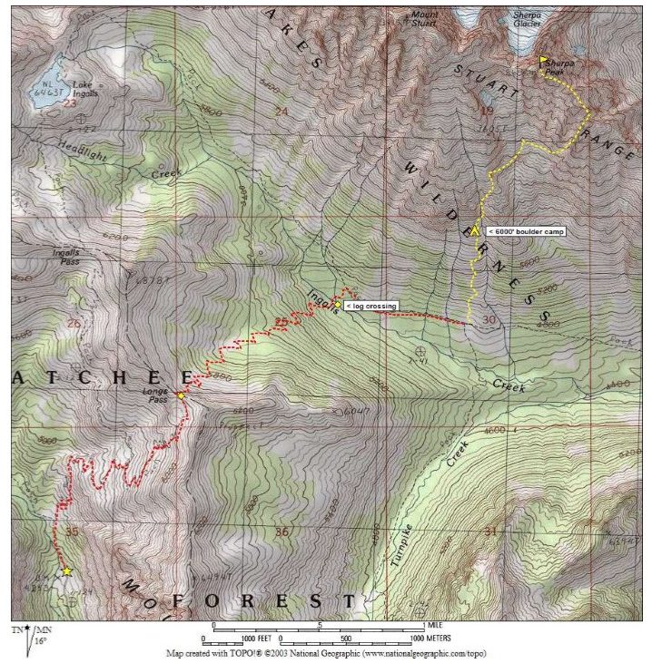 Route Map of hike and climb on Sherpa Peak in the Icicle Mountains
