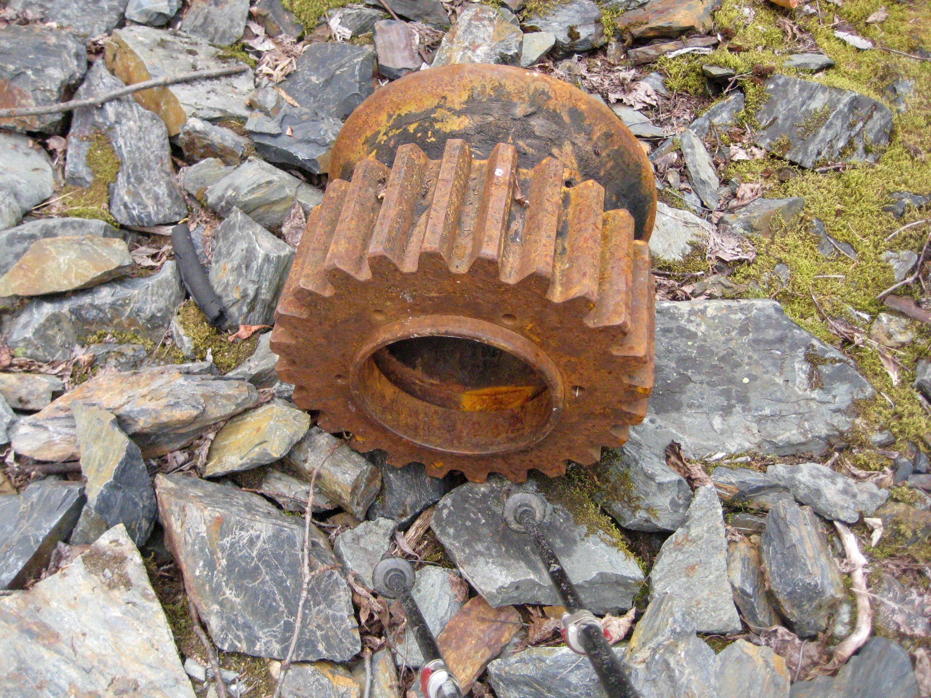 Eponymous Artifact of Rusty Gear on rock bench in the Cheam Range