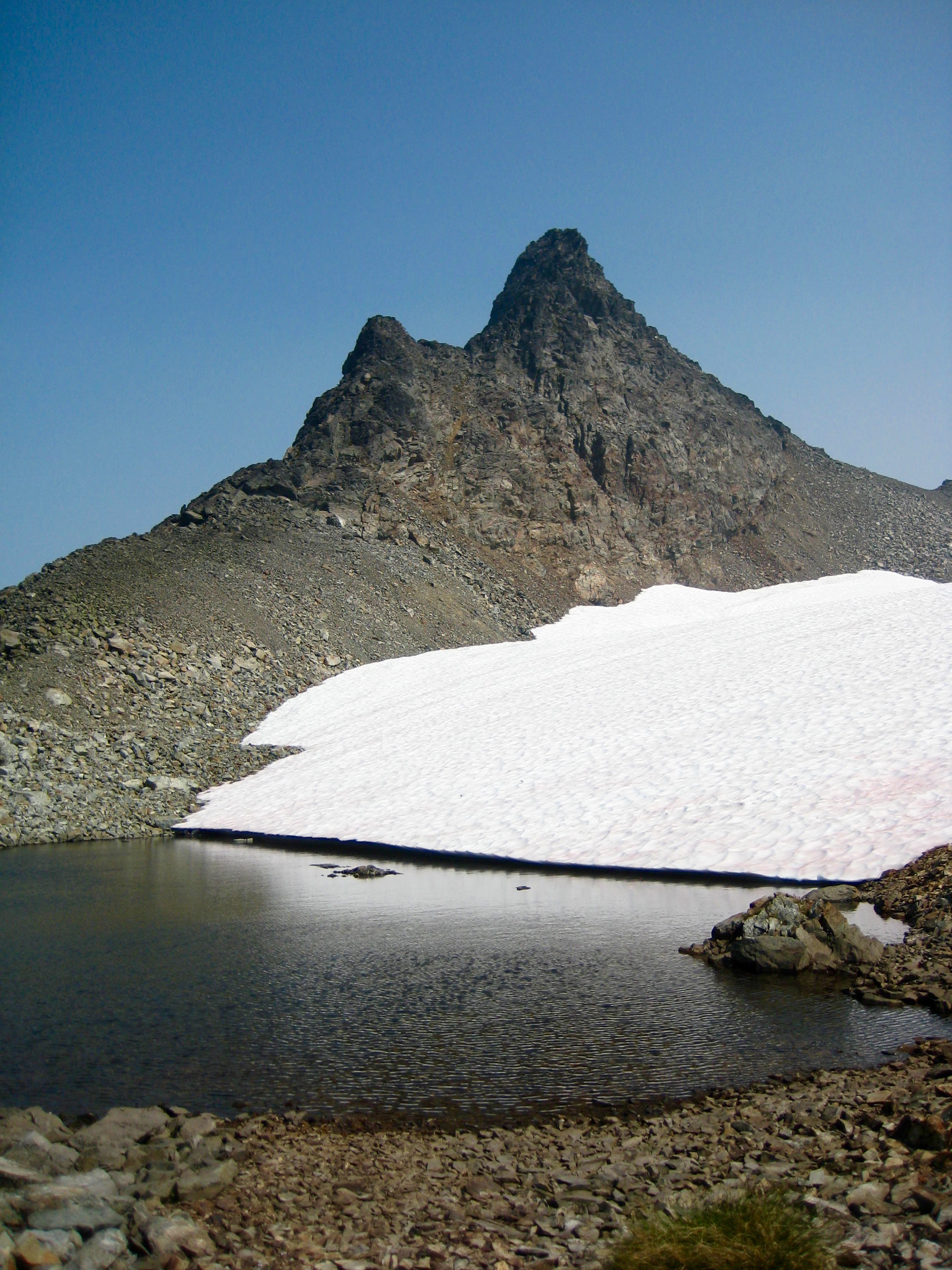 Stewart Peak with a lingering snowfield and Upper Stewart Tarn in the Cheam Range