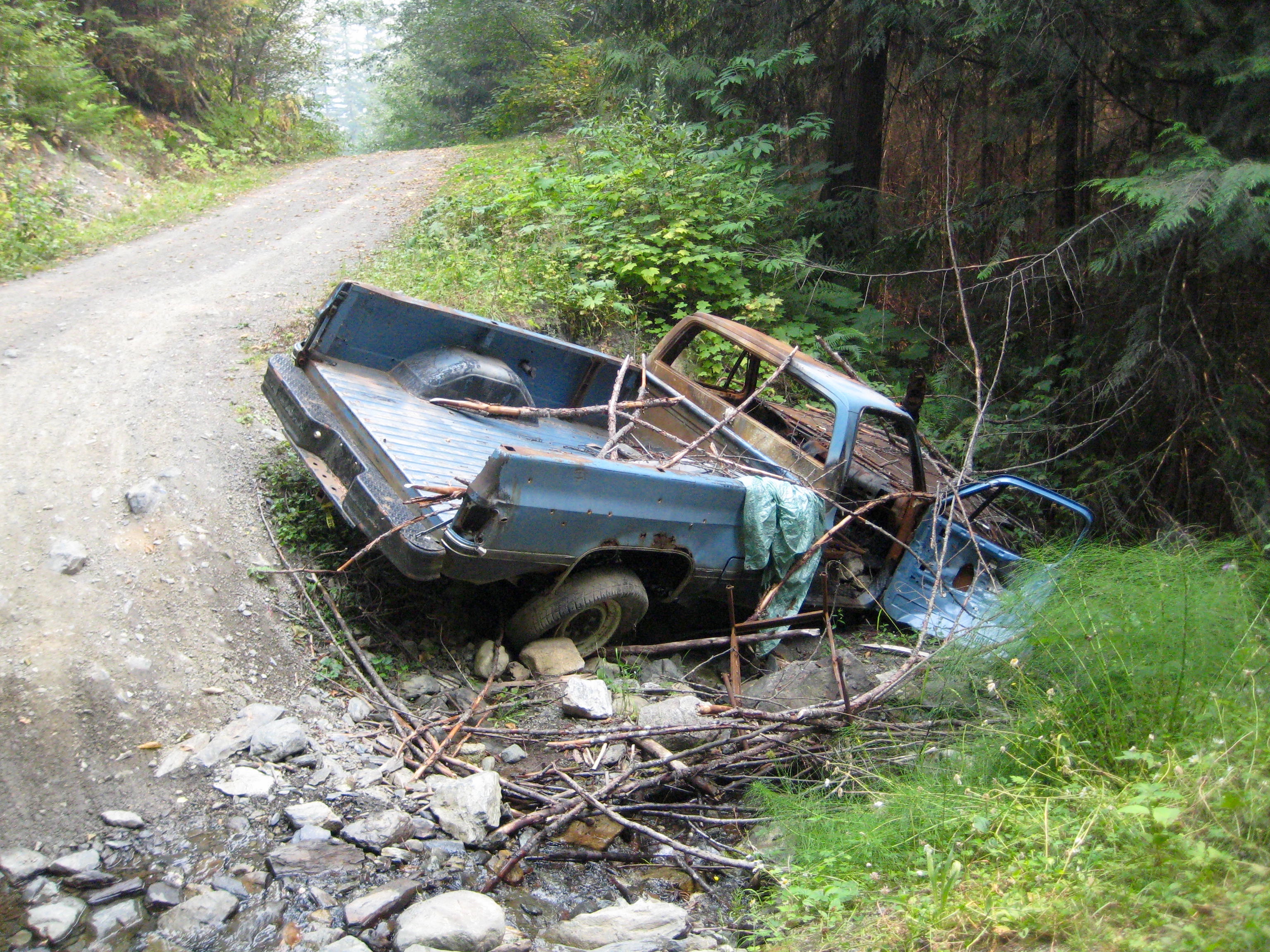 old truck in the ditch on Airplane Creek Road in the Cheam Range
