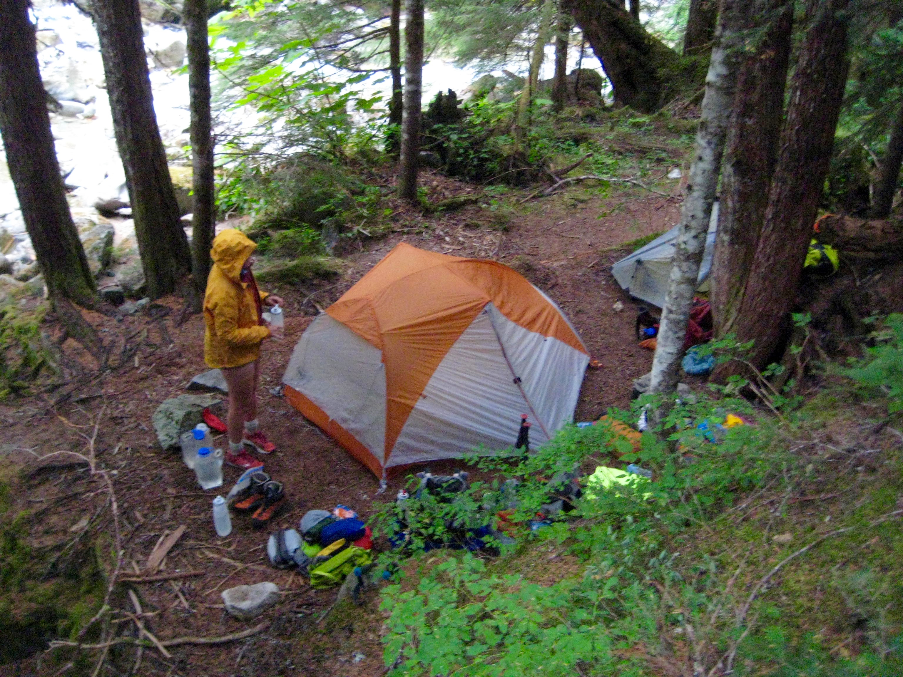 mountain climbers camp at Brush Creek in the trees in North Cascades National Park