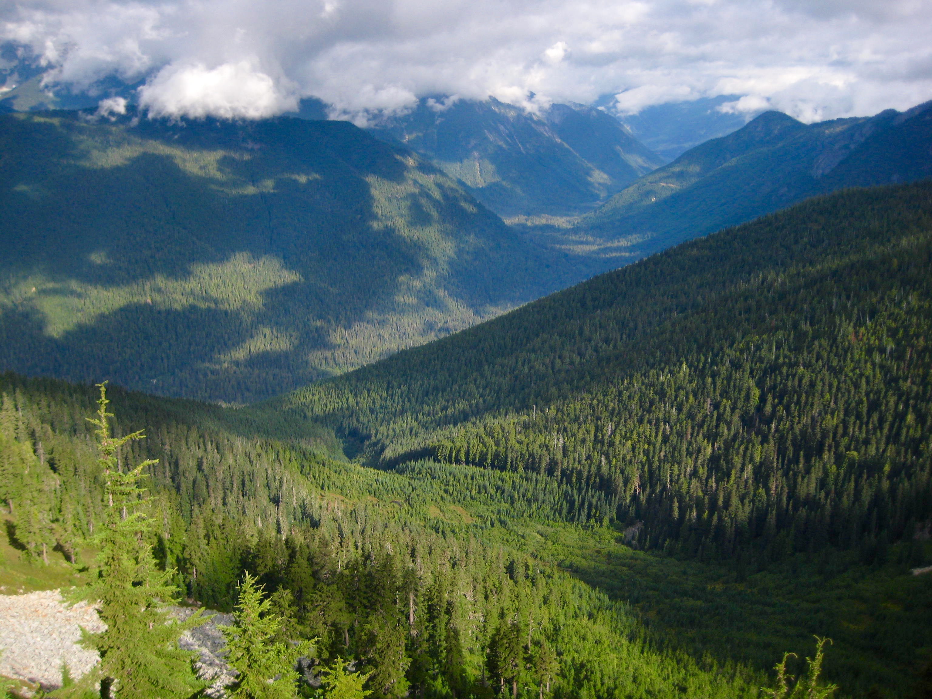 Chilliwack River Valley and West Bear Basin with high clouds as seen from the ridge of Bear Mountain in the American Chilliwacks