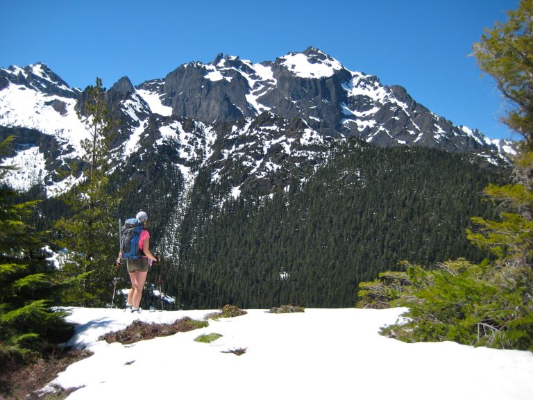 A hiker on a snowy ridge near 5050 Pass gazes at Mt Constance