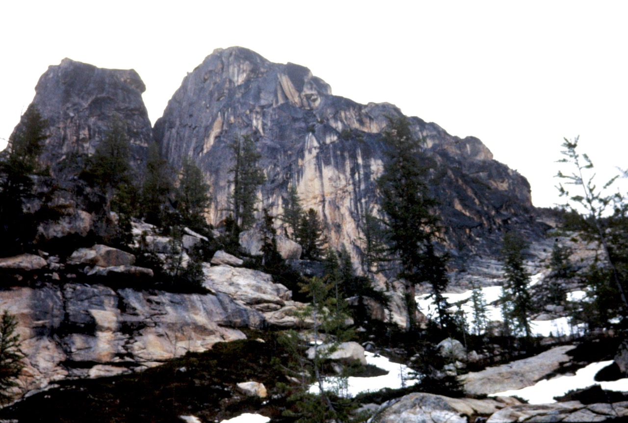 The granite faces of South Early Winters Spire stand above Liberty Bowl near Washington Pass