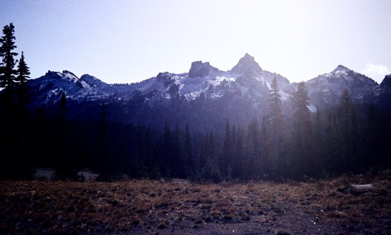 Pinnacle Peak & Plummer Peak stand along the horizon of the Tatoosh Range in Mt Rainier National Park